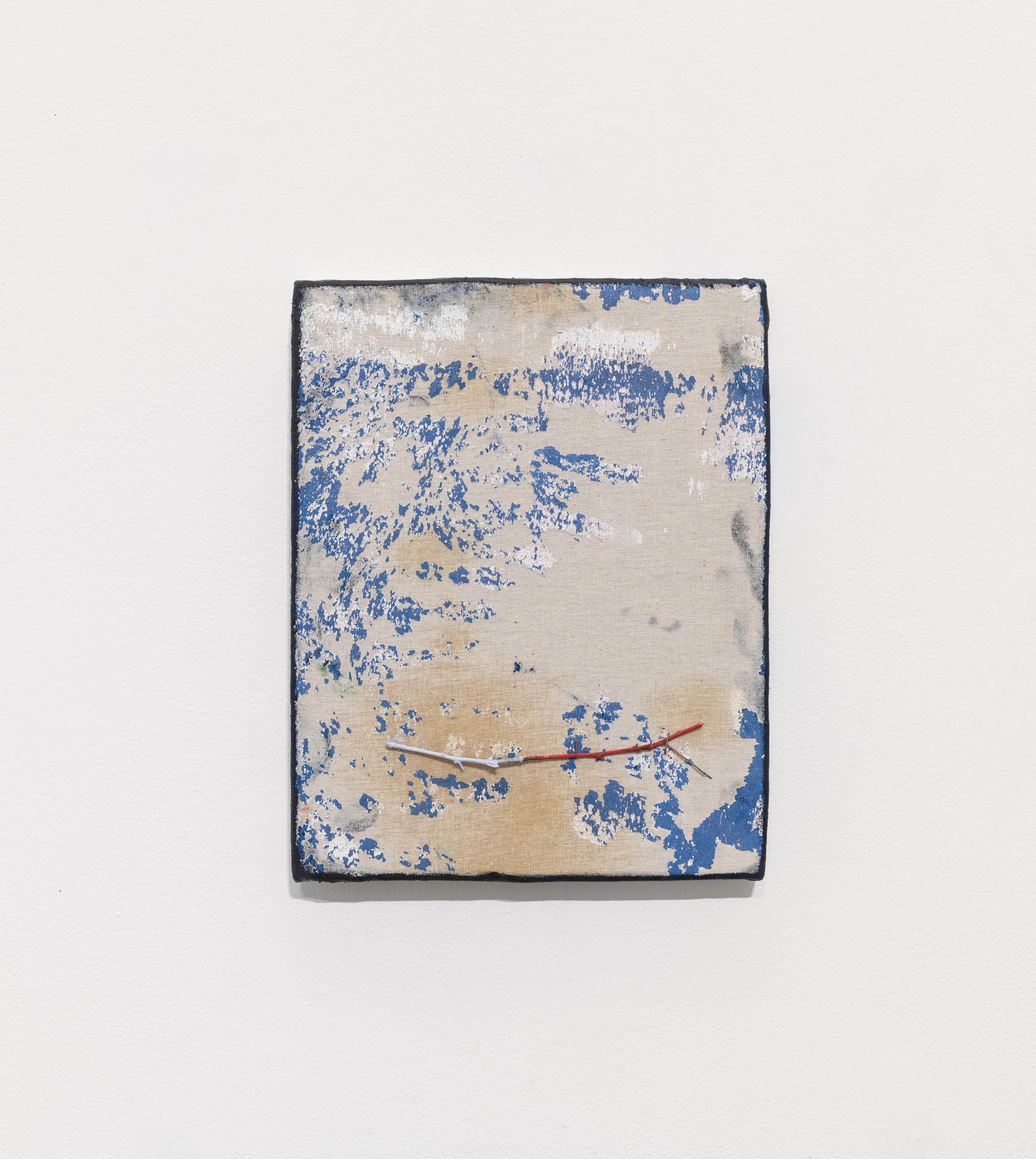 14 x 11 in (35.5 x 28 cms) binge raw canvas colored painting with a red and white stick attached
