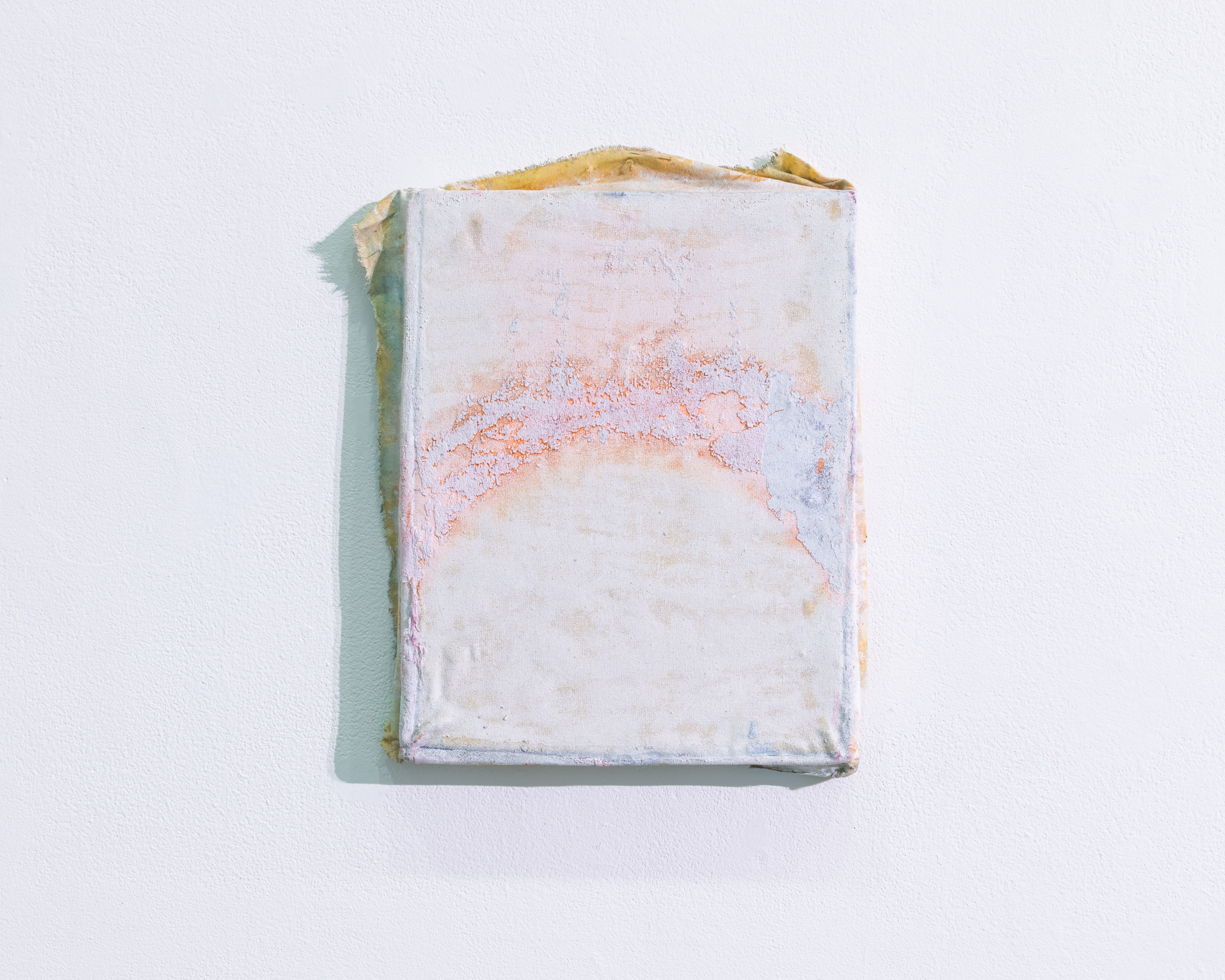 14 x 11 in (35.5 x 28 cms) white textured painting with a oranged rainbow shape
