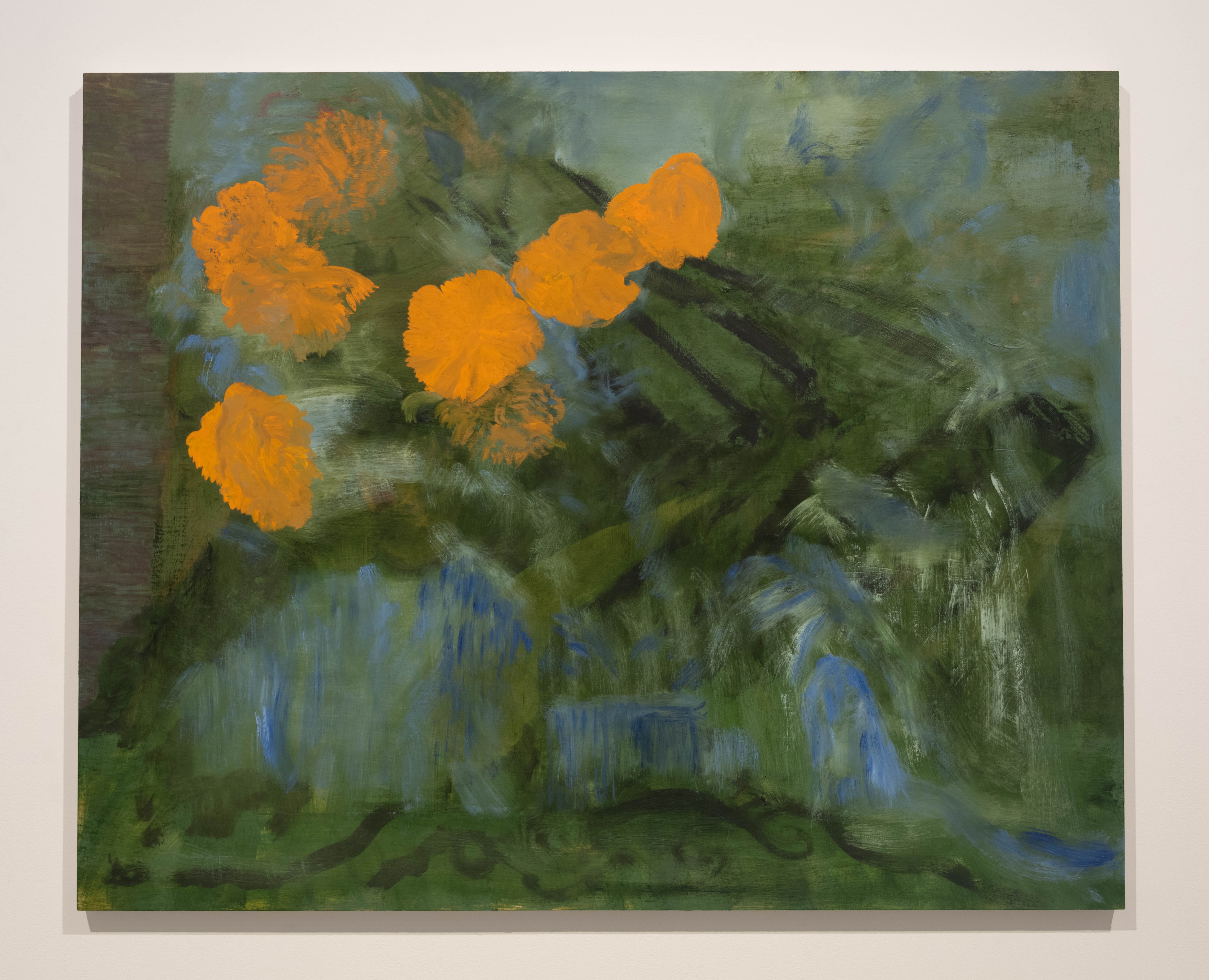 Painting of large orange  
marigold flowers in a green  and blue space