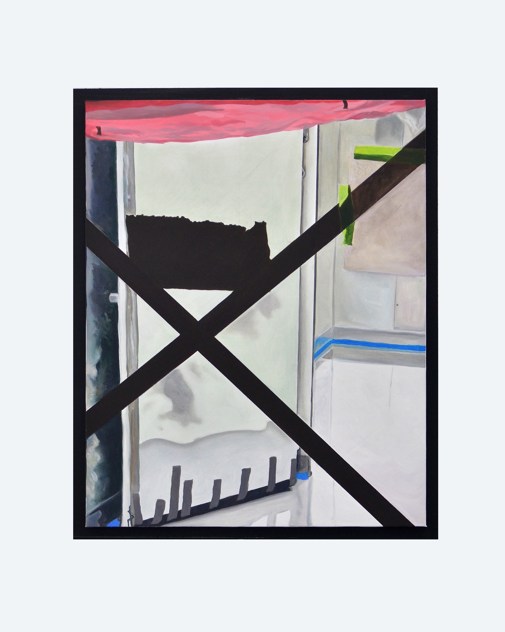 Detail image of an oil painting. The painting is composed of a mixture of bright high saturation colors and different variations of gray. It is painted from the perspective of someone standing outside of an under-construction industrial sized walk-in freezer. The sides of the oil painting are painted with black acrylic paint which extend beyond the object into a one inch border around the work.