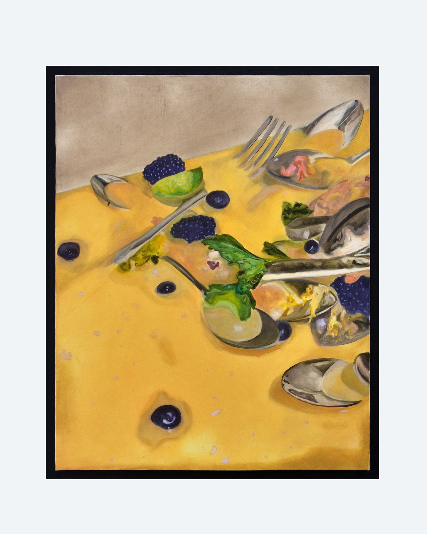 Detail image of an oil painting. The painting is made up of light to dark variation of gray with pops of bright yellow and red. The painting is of the inside of a restaurant dirty dish bin. The water is a muddy yellow color and the bin is filled with assorted cutlery and cocktail garnishing. The sides of the oil painting are painted with black acrylic paint which extend beyond the object into a one inch border around the work. 