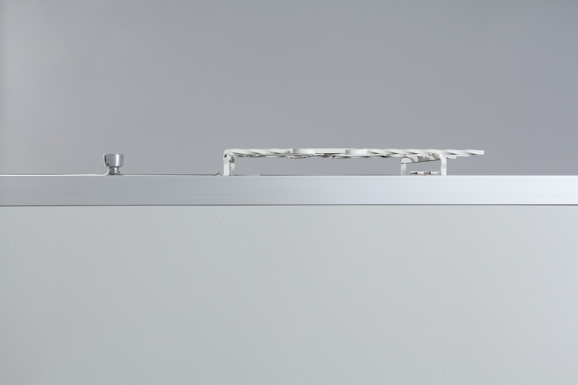 Detail image of the door installed on the roof of the center structure.