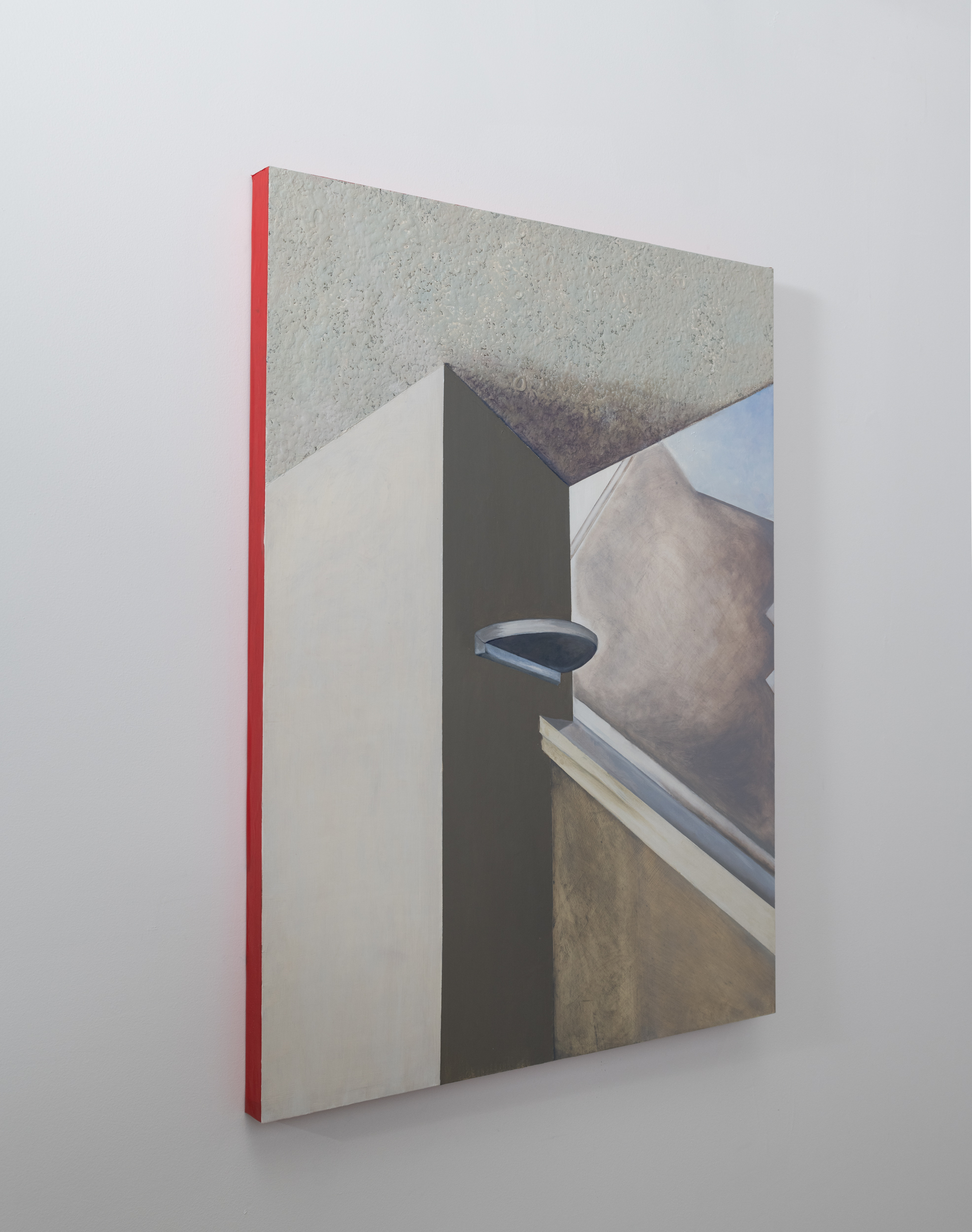  This image is a detail shot of a painting. The painting’s edges are covered in a bright red plastic tape. The painting itself is of an empty and rounded floating shelf. The viewer is perspectively situated underneath the shelf, looking up from below. The colors of the painting are primarily different variations of gray, cream, blue, and lilac. 