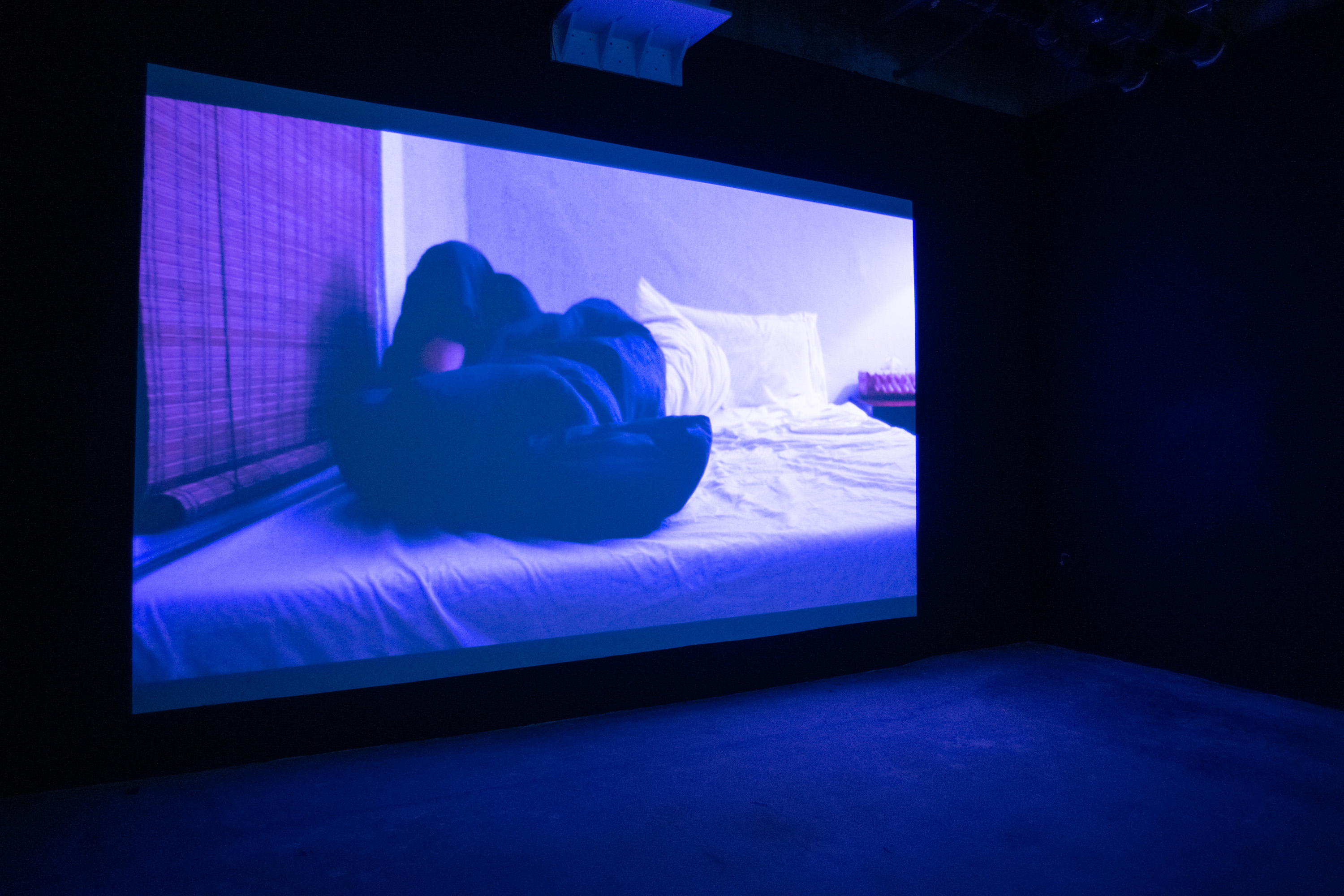 Two channel video is installed on opposing walls in a dark room with black walls. One screen is of a figure trying to fall asleep, rolling in bed at different points of view with multicolored lights and the other channel is of different scanned drawings scanning over the surface. After two minutes, the two channels frantically oscillate between the opposing walls causing an almost strobe light effect. The work ends with the artist laying in bed.
