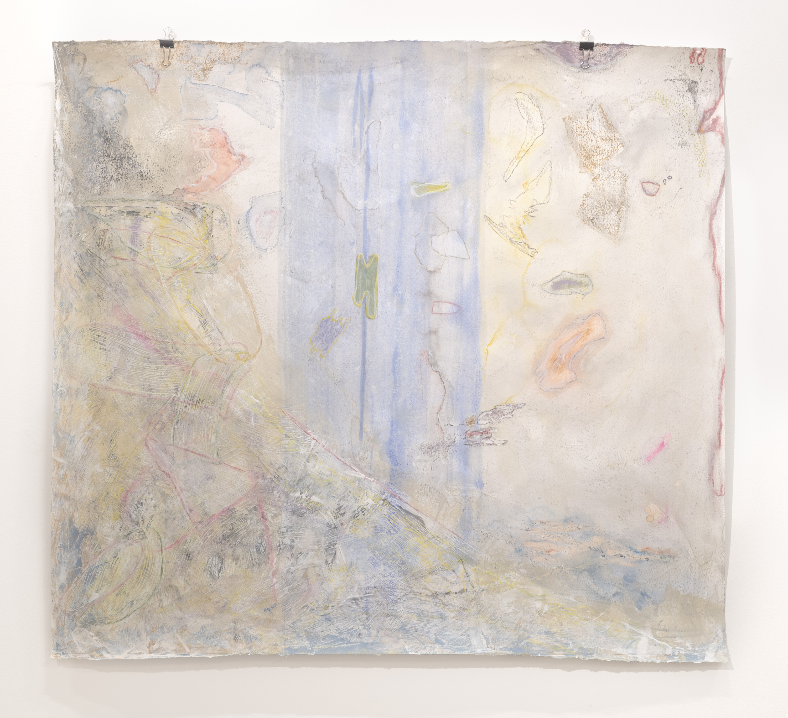 Washed out gray background with light blue bar running through center covering ⅓ of the paper. Mylar is collaged on the bottom left hand side in a rounded isosceles triangle shape. Gel medium was applied on collaged mylar using a dry brush to create texture and then white oil pastel was rubbed on top. Lingering residual watermarks are outlined in various washed out pastel tones.
