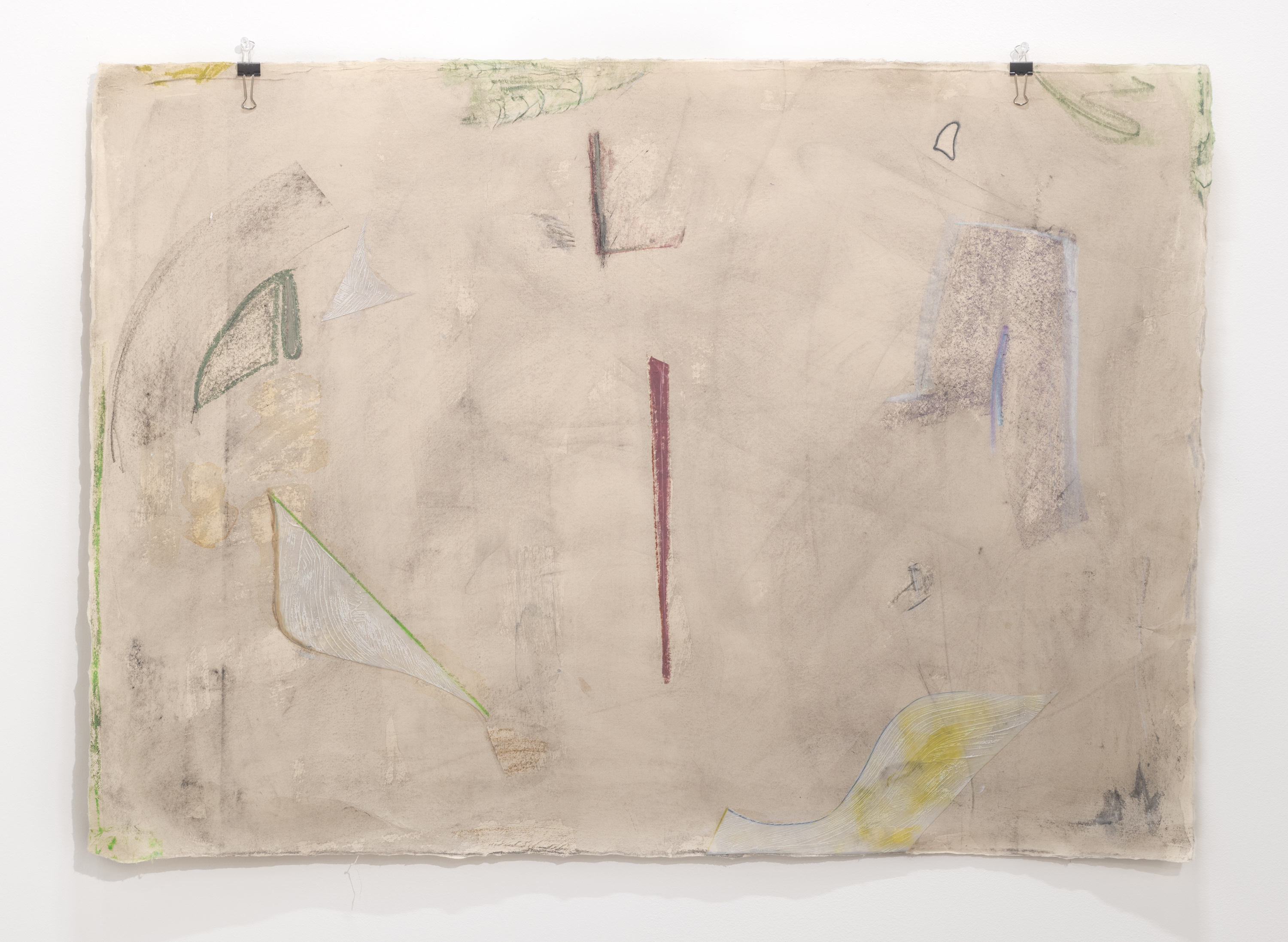 Cream colored paper covered with graphite. Strokes of arm movement are visible in the background. On top are various isosceles triangular shapes in various colors. In the center is a thin maroon colored triangle in a sword-like shape. Triangular mylar pieces are collaged on the bottom of the paper. Gel medium was applied with a dry brush to create texture. White oil pastel was then applied on top.
