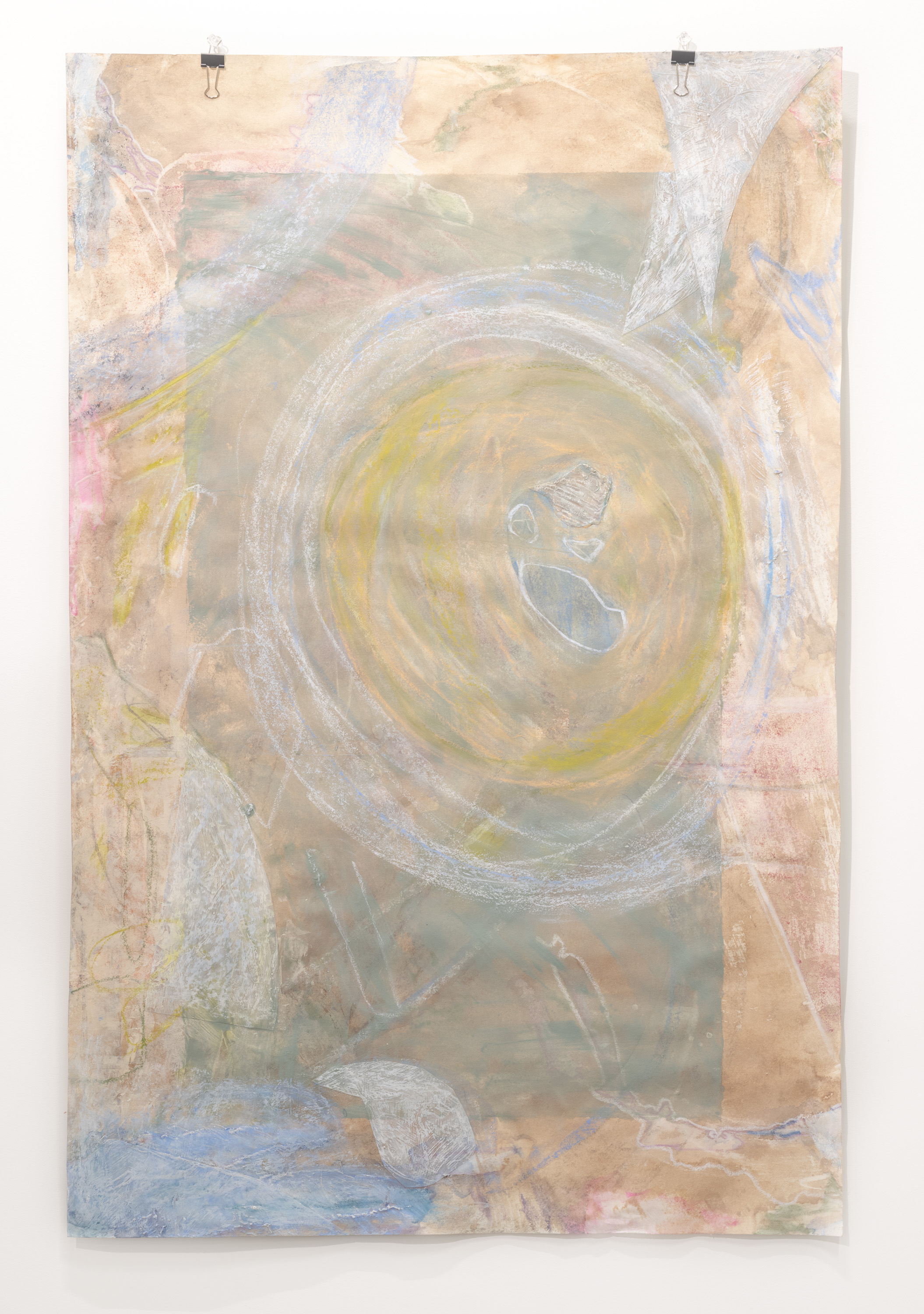 Washed out brown background with teal colored rectangle sitting in center. White circle with a chartreuse interior sits off center with four blue abstract shapes occupying the space, resembling a petri dish. Different abstract shaped mylar pieces sit in  the foreground. Various strokes of chartreuse, burgundy, and French blue also occupy the background.
