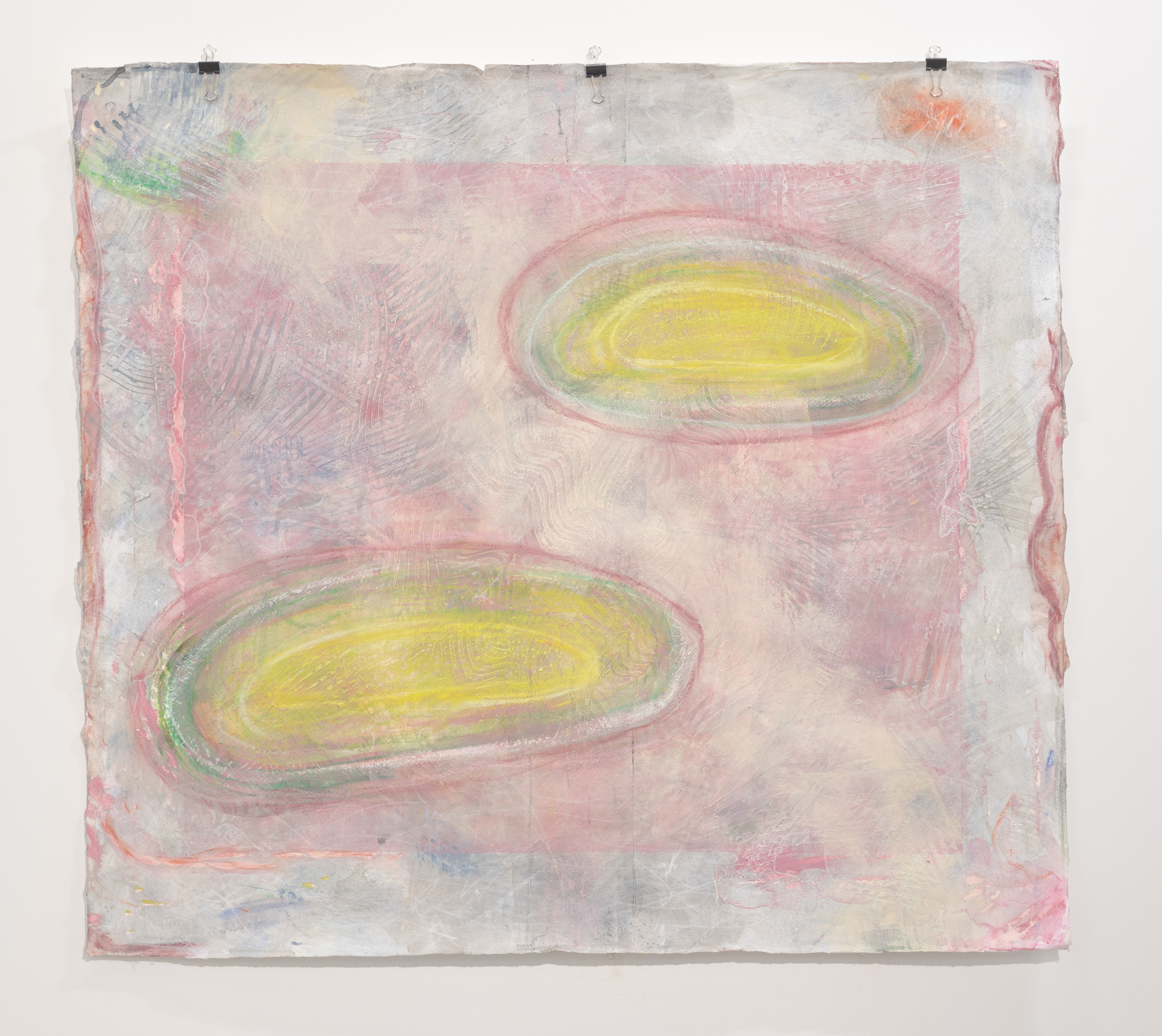 Washed out light blue background with various specks of red and green. Washed out burgundy rectangle sits in the center. Two large ovals with a green outline and chartreuse interior sit in the foreground. Overall image is blurred and obscured by cream colored squeegee brush strokes.