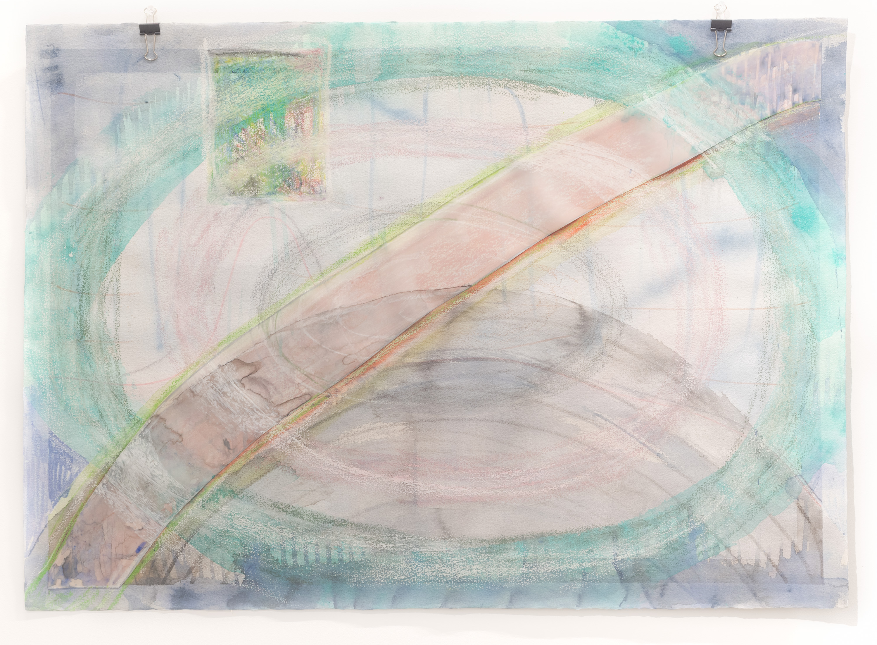 Three ovals occupy most of the paper. The outside oval is aqua. The middle oval is light pink. The innermost oval is gray. A small rectangle sits on the left side of the paper with multiple colors occupying the inside almost resembling TV color bars. An arc shaped piece of mylar runs through the center of the paper connecting the bottom left and right top corner. In the foreground is a gray semi circle sitting on the bottom half of the paper. The corners of the work are filled in with blue-gray watercolor.