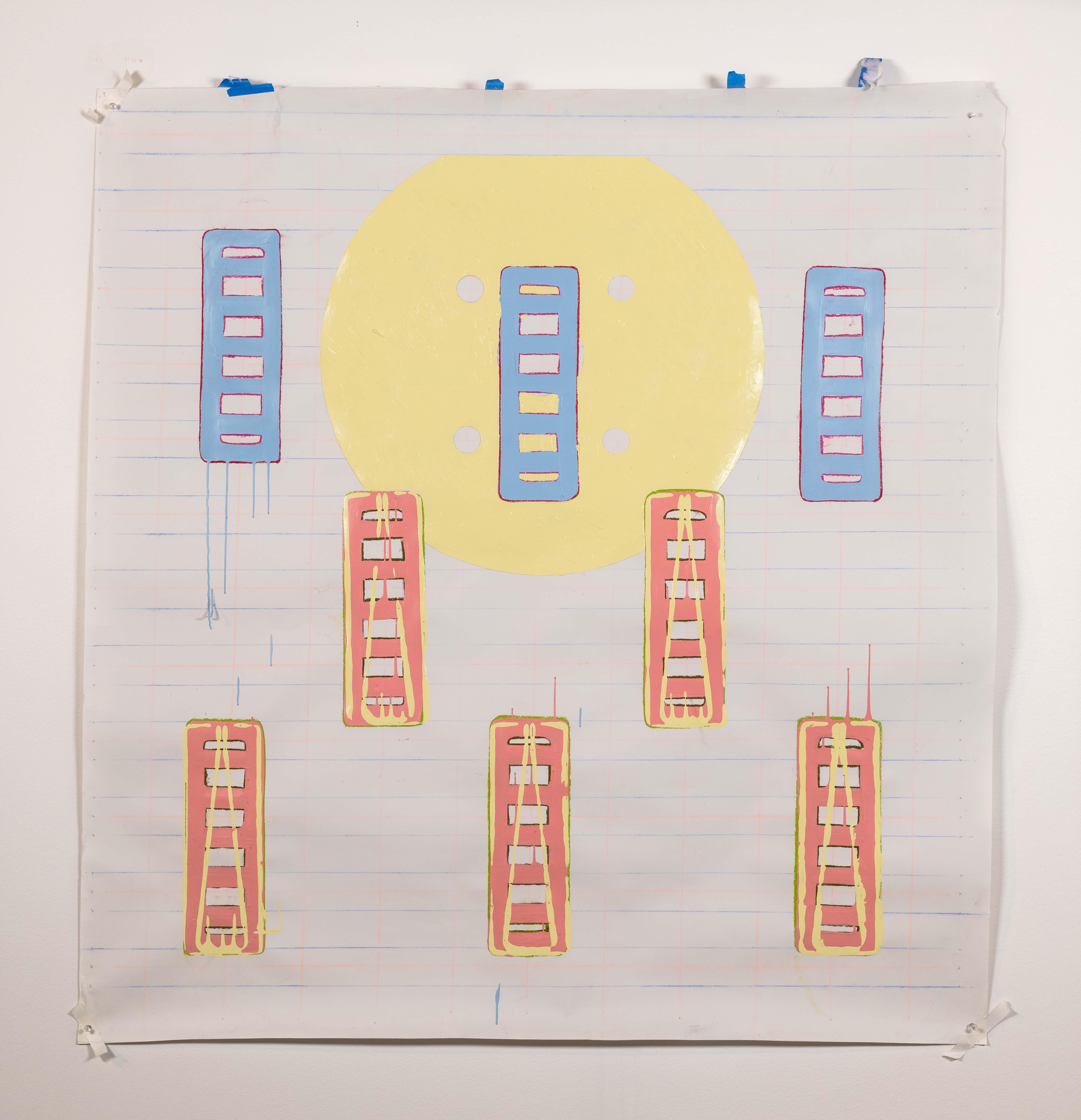Grid drawing. A-Z vertical 1-14 Horizontal quadrants. 4 circles surrounded by a soft
purple. Each circle has a center point labeled- Sibling A, Sibling D, Parent 1, Parent 2
(deceased) Smaller pencil grads indicating soil sample areas, each list food, men, or
addresses.