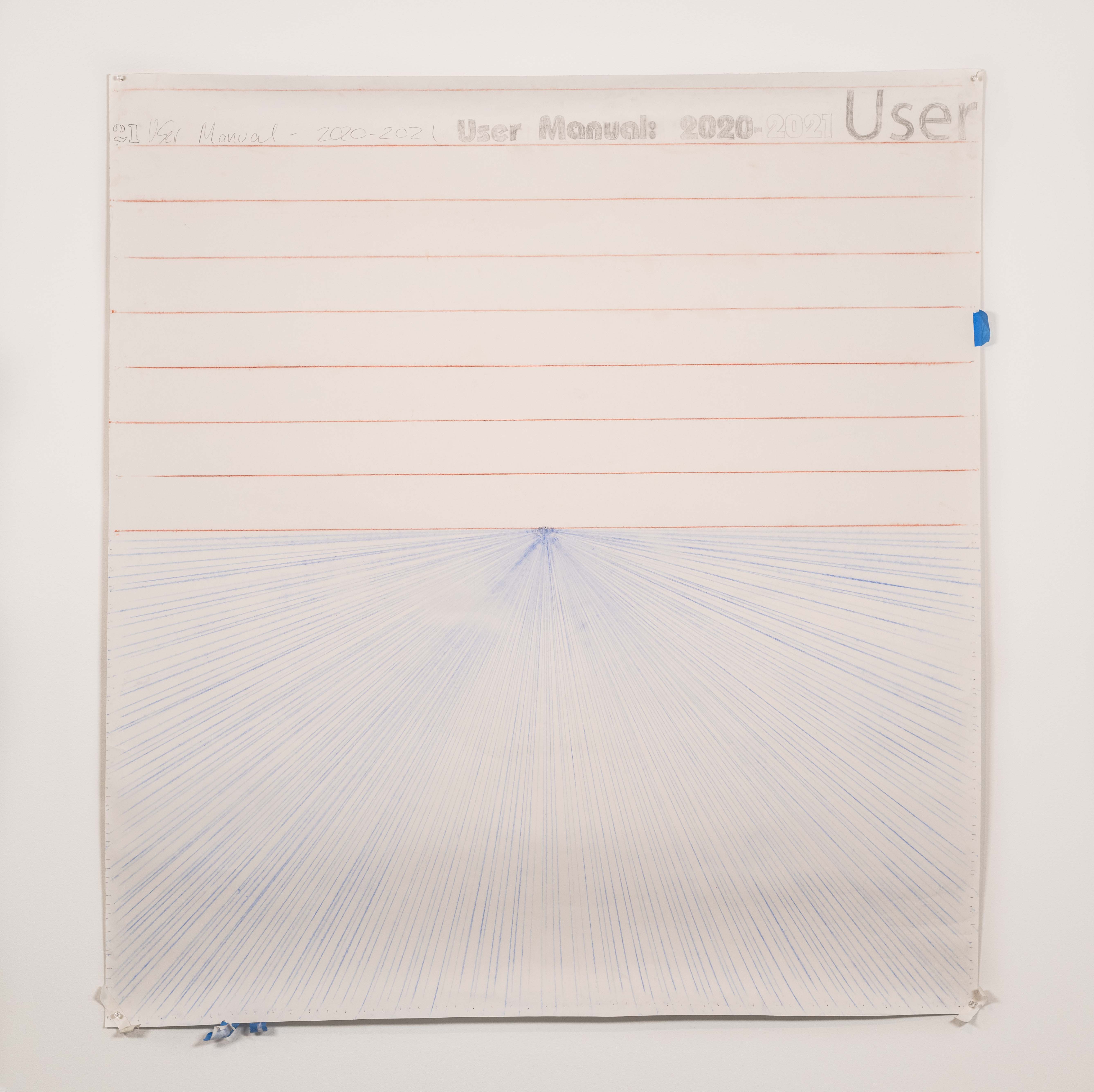 Light pink rectangles encroach upward. The lite pink is lined with a warm yellow
triangle. Blue rectangles encroach downward. Large baby yellow circle hovers in the
background. Chalk line grid creates the background.