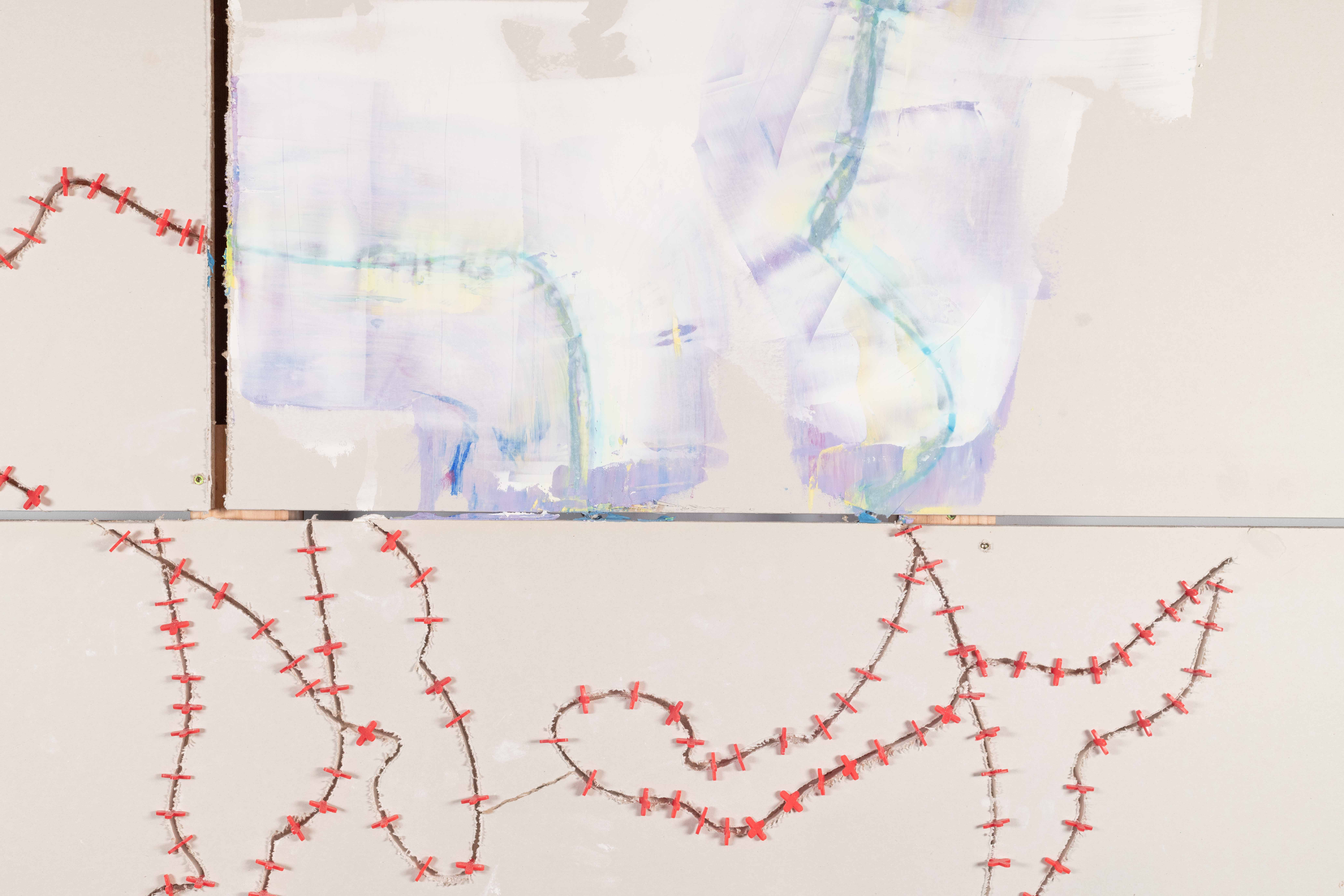 4 quadrants of drywall. A 1/4 lined has been cut into the drywall in the form of a horse. Its feet
are in the process of moving. 2 of the quarries uses 1/4 inch tile spacers to keep the image
aligned. The other 2 are properly mudded using 4 different mudding knifes to feather out the
mudding line. The colors used: 2 inch knife- blue, 3”knife- Yellow, 6” knife- purple, 8”knife
White