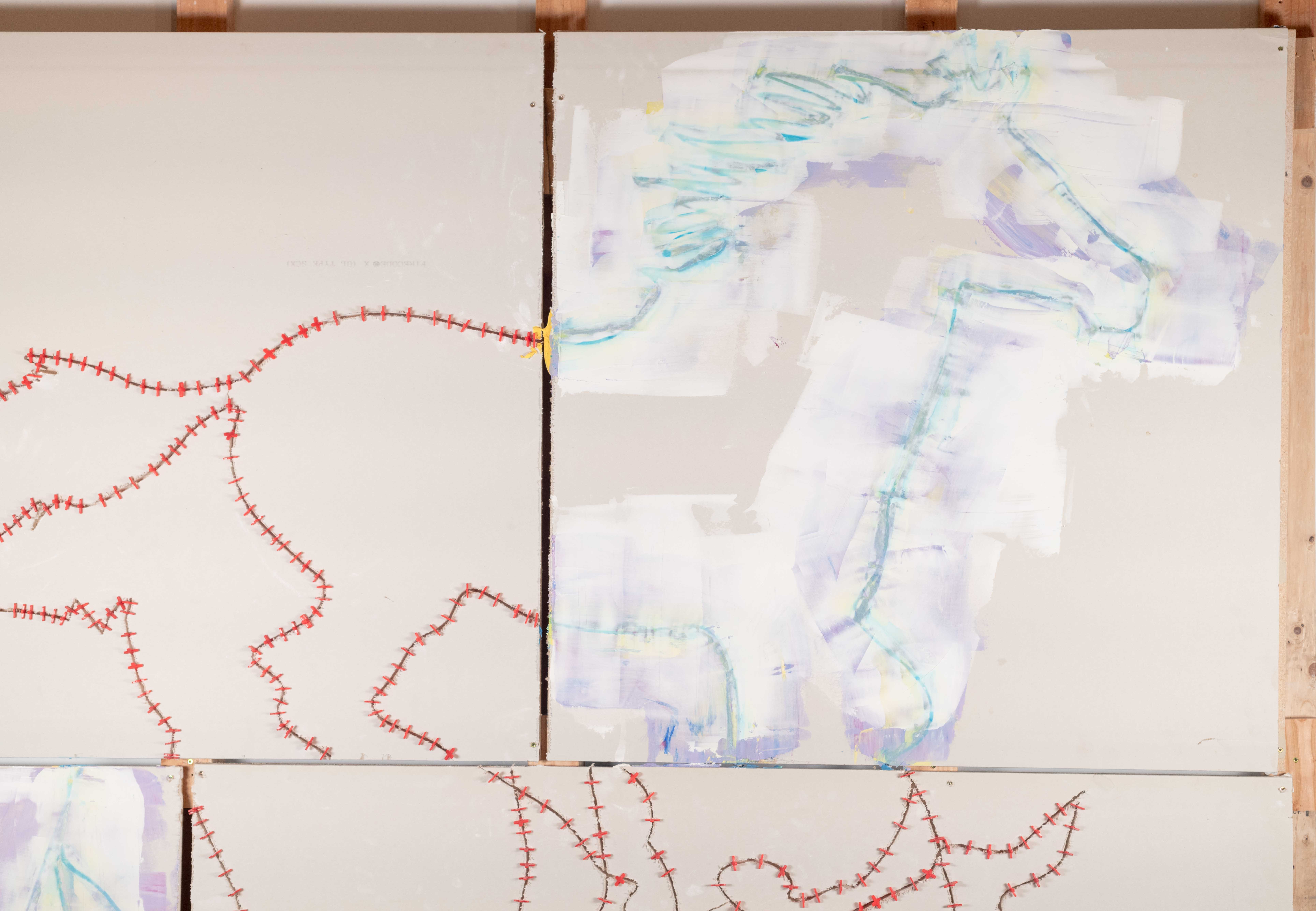 4 quadrants of drywall. A 1/4 lined has been cut into the drywall in the form of a horse. Its feet
are in the process of moving. 2 of the quarries uses 1/4 inch tile spacers to keep the image
aligned. The other 2 are properly mudded using 4 different mudding knifes to feather out the
mudding line. The colors used: 2 inch knife- blue, 3”knife- Yellow, 6” knife- purple, 8”knife
White