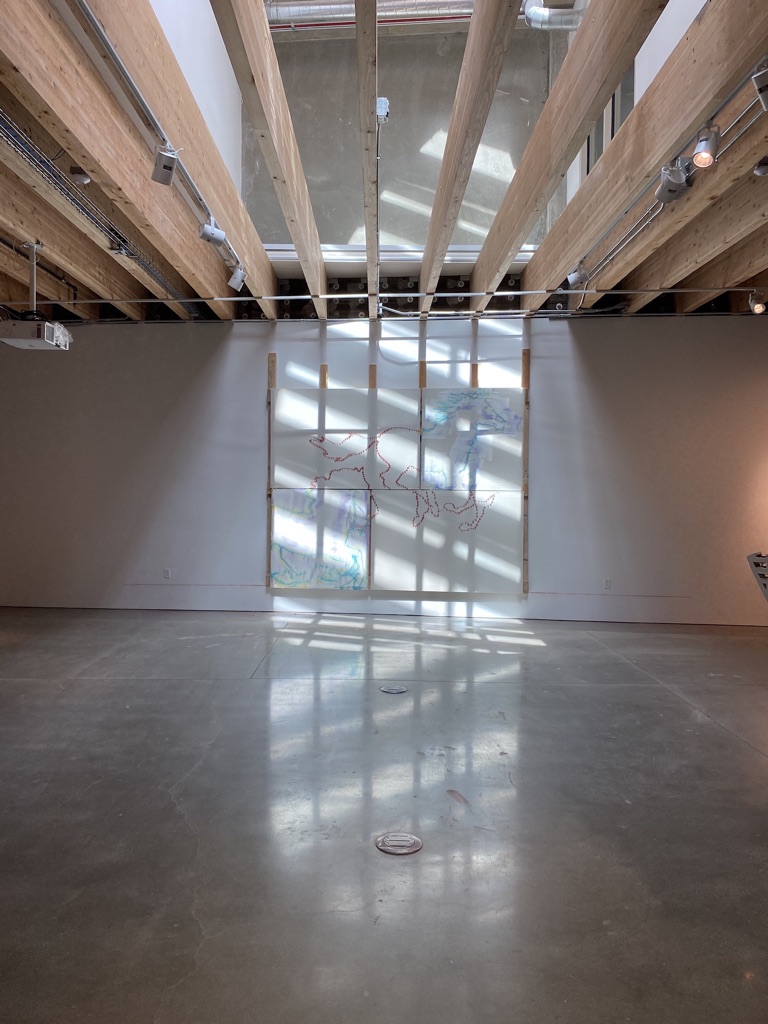 4 quadrants of drywall. A 1/4 lined has been cut into the drywall in the form of a horse. Its feet
are in the process of moving. 2 of the quarries uses 1/4 inch tile spacers to keep the image
aligned. The other 2 are properly mudded using 4 different mudding knifes to feather out the
mudding line. The colors used: 2 inch knife- blue, 3”knife- Yellow, 6” knife- purple, 8”knife
White