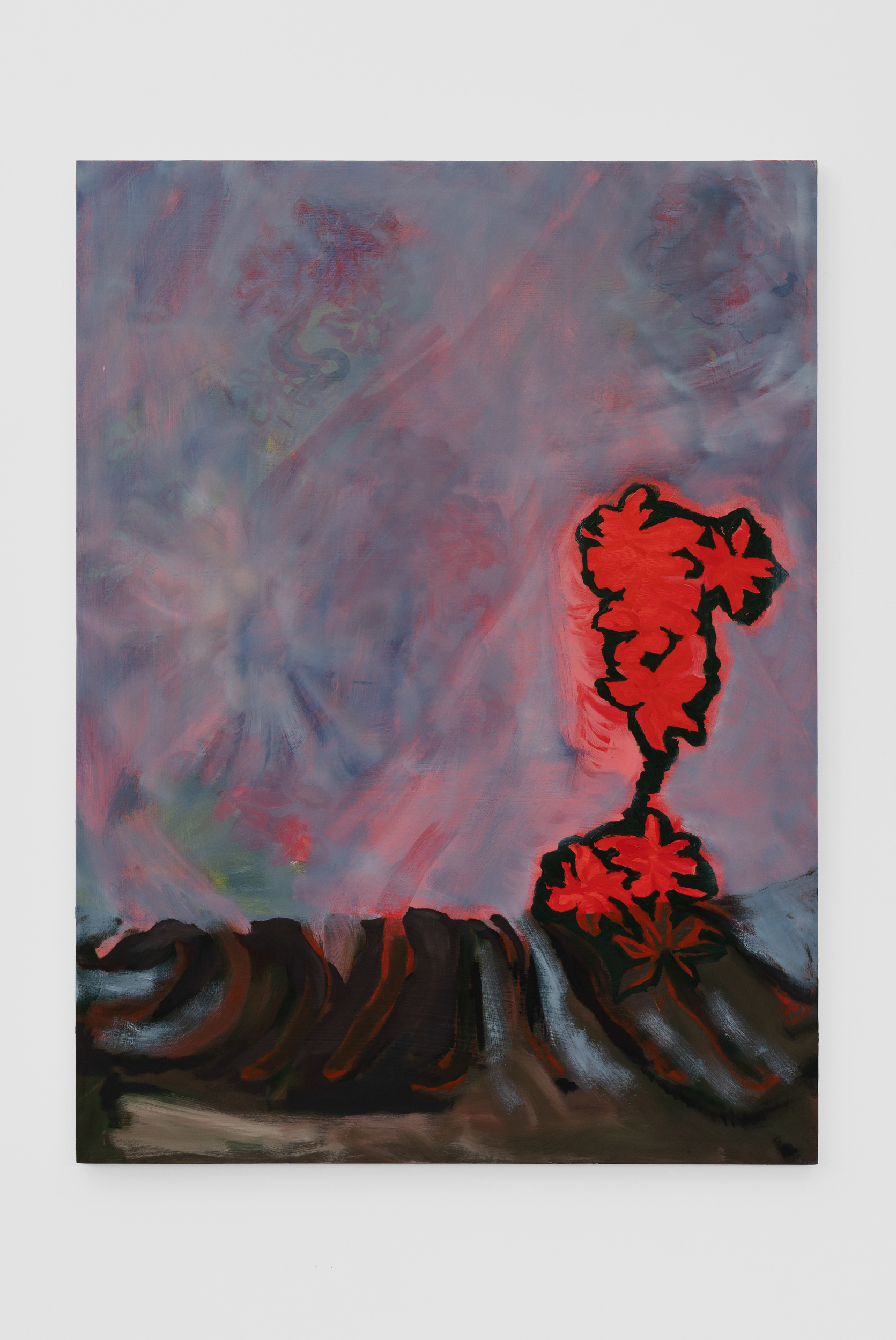 Landscape painting of an
erupting volcano with
fluorescent flowers emerging
on the right