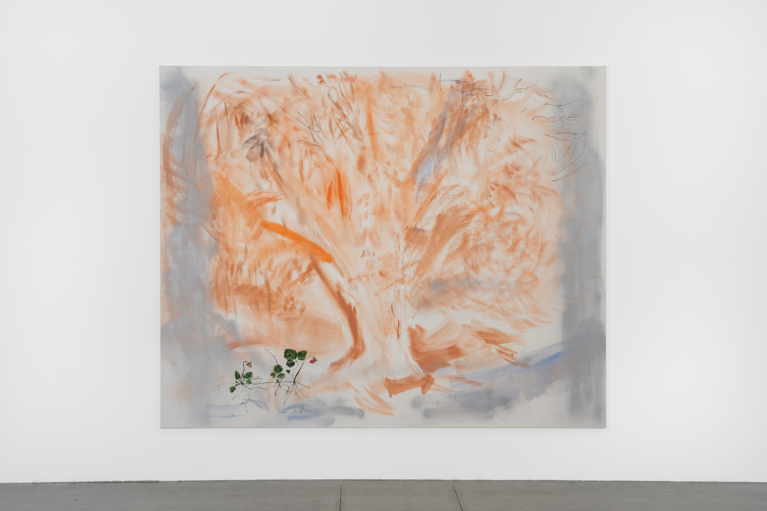Ephemeral painting of an
orange tree with blueish silver
frame on the left and right
side accompanied by a string
of strawberries on the lower
left hand corner