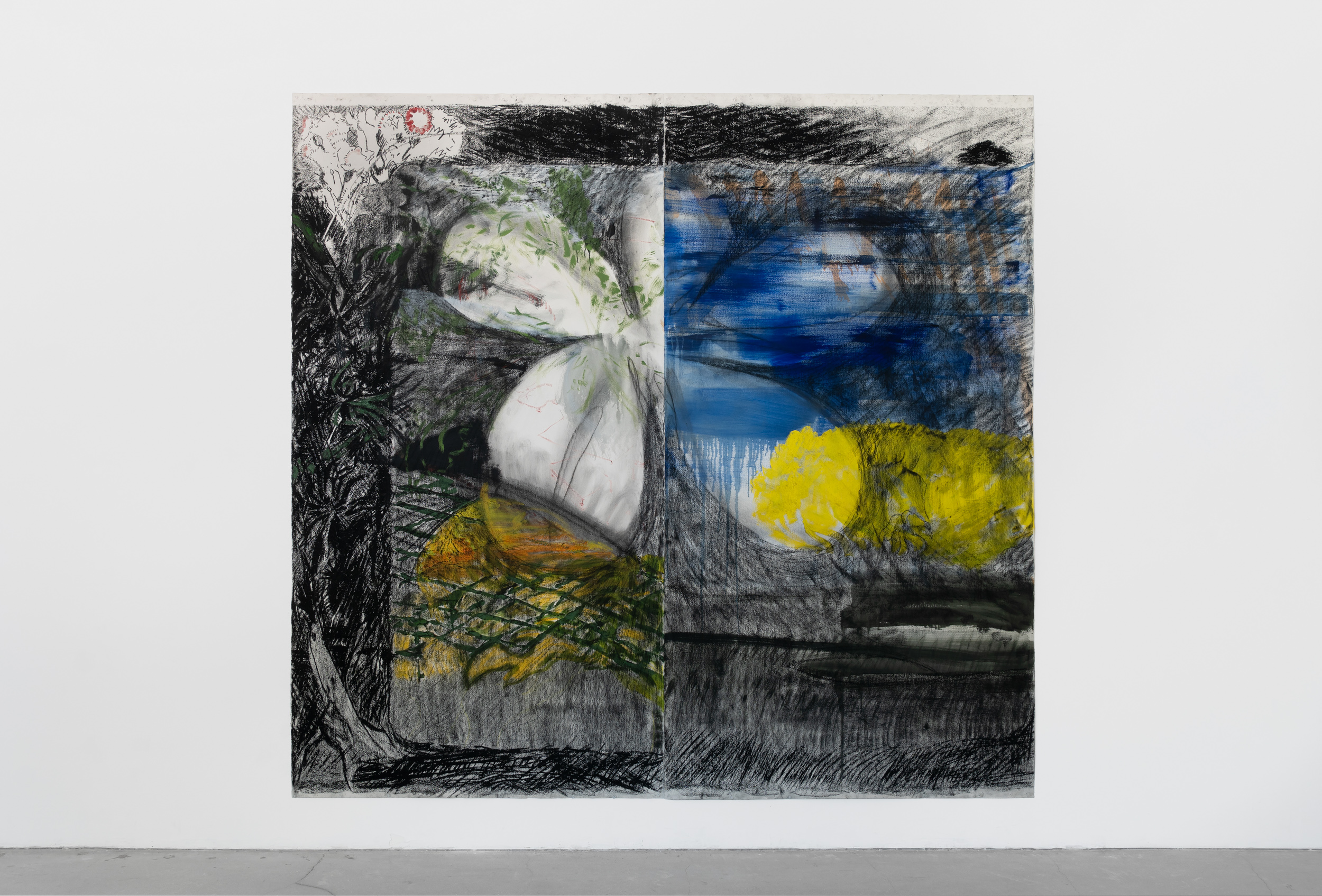 Yellow, black and blue
drawing of a large hovering
flower