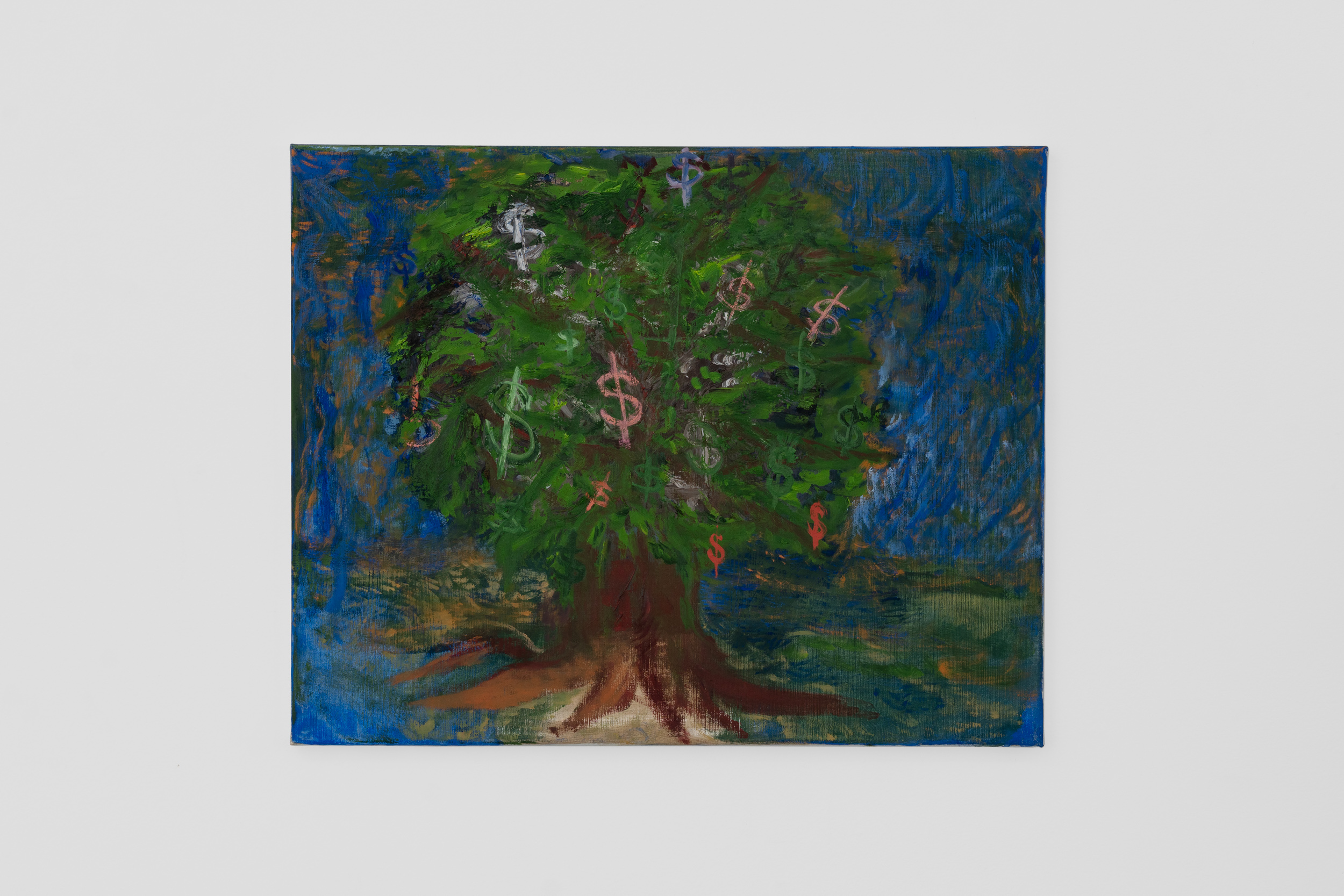  Multicolored
painting of a tree with
dollar signs floating in
the foliage of the tree
on a blue background