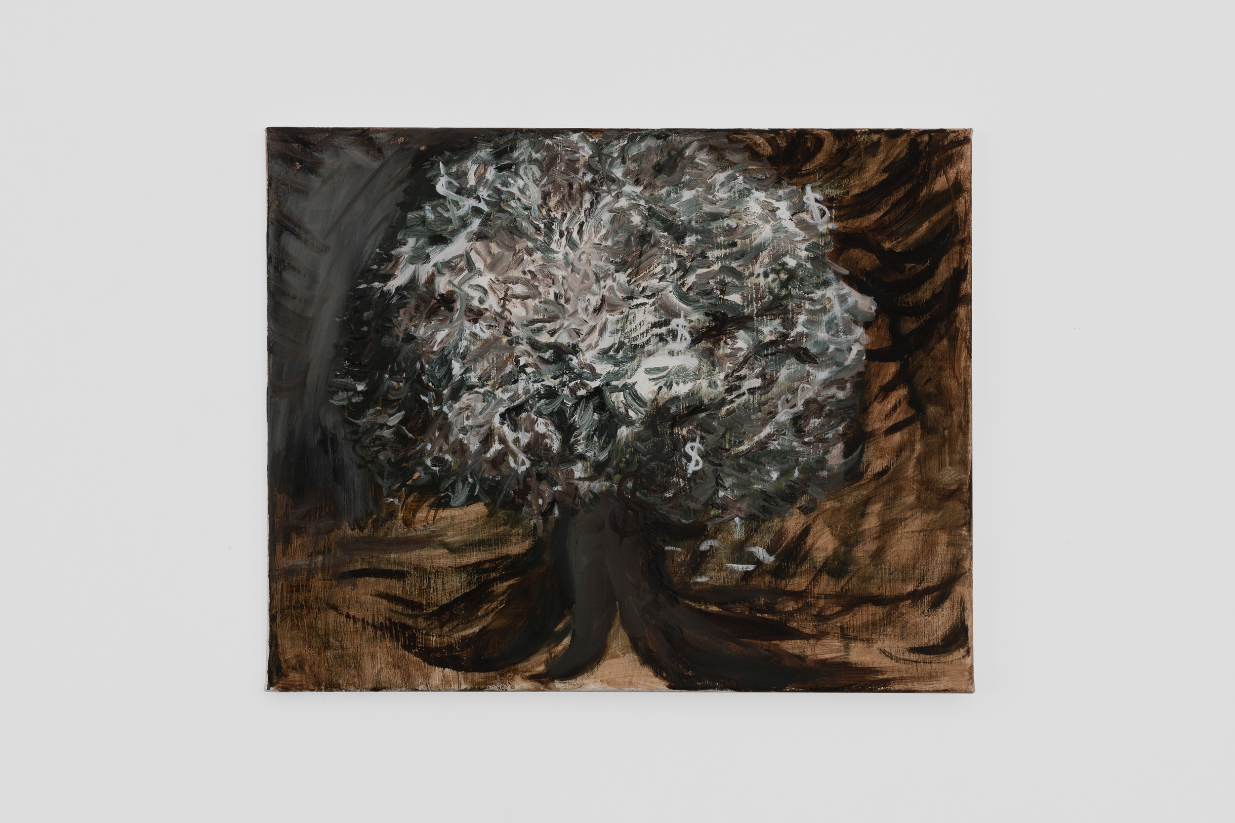 Tree painted in White
dark blue green and
brown with
intermingled dollar
signs floating inside the 
foliage of the tree on a
brown background