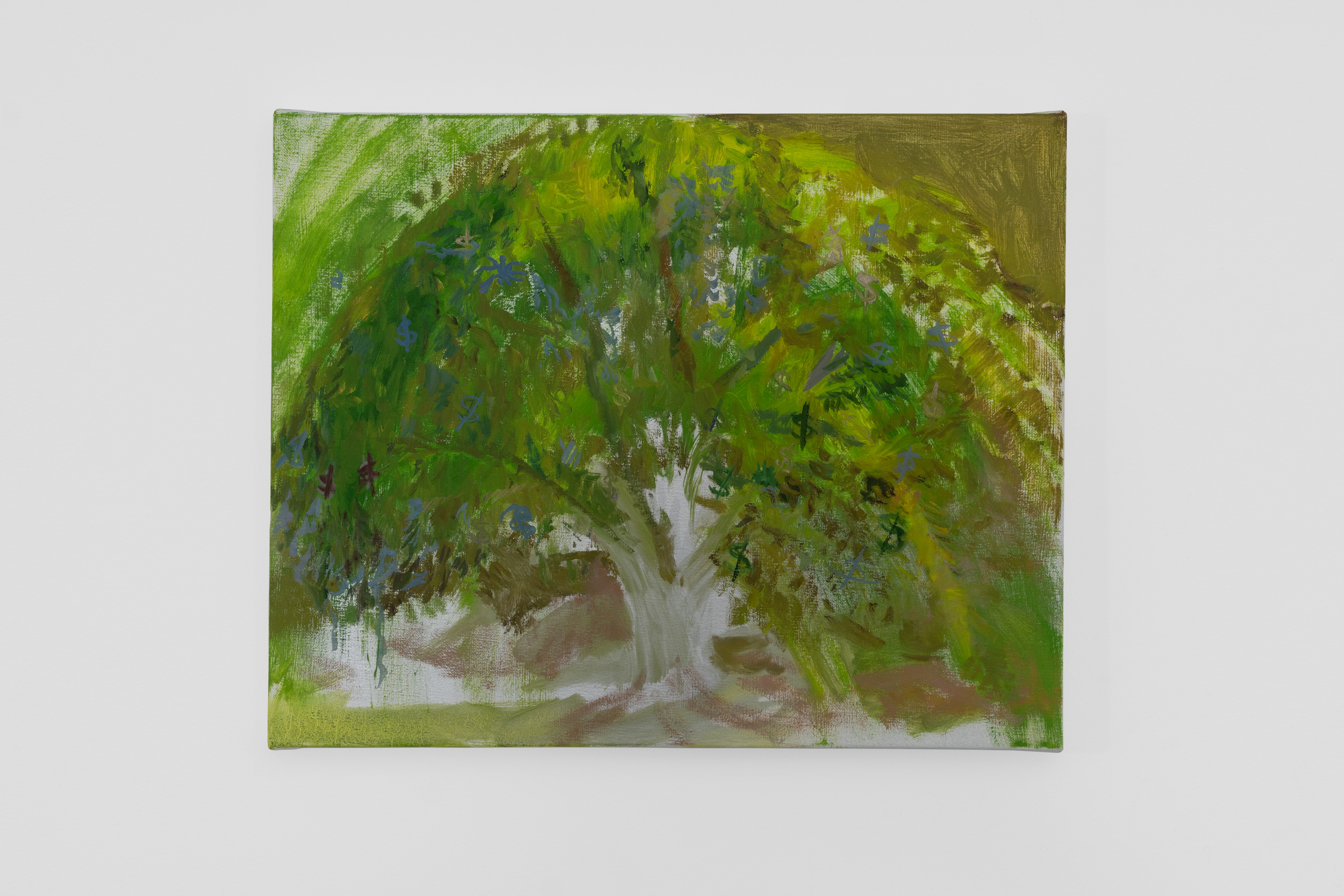 Tree painted with a
variety of hues of green and
intermingled dollar signs
arching over the canopy of the
tree