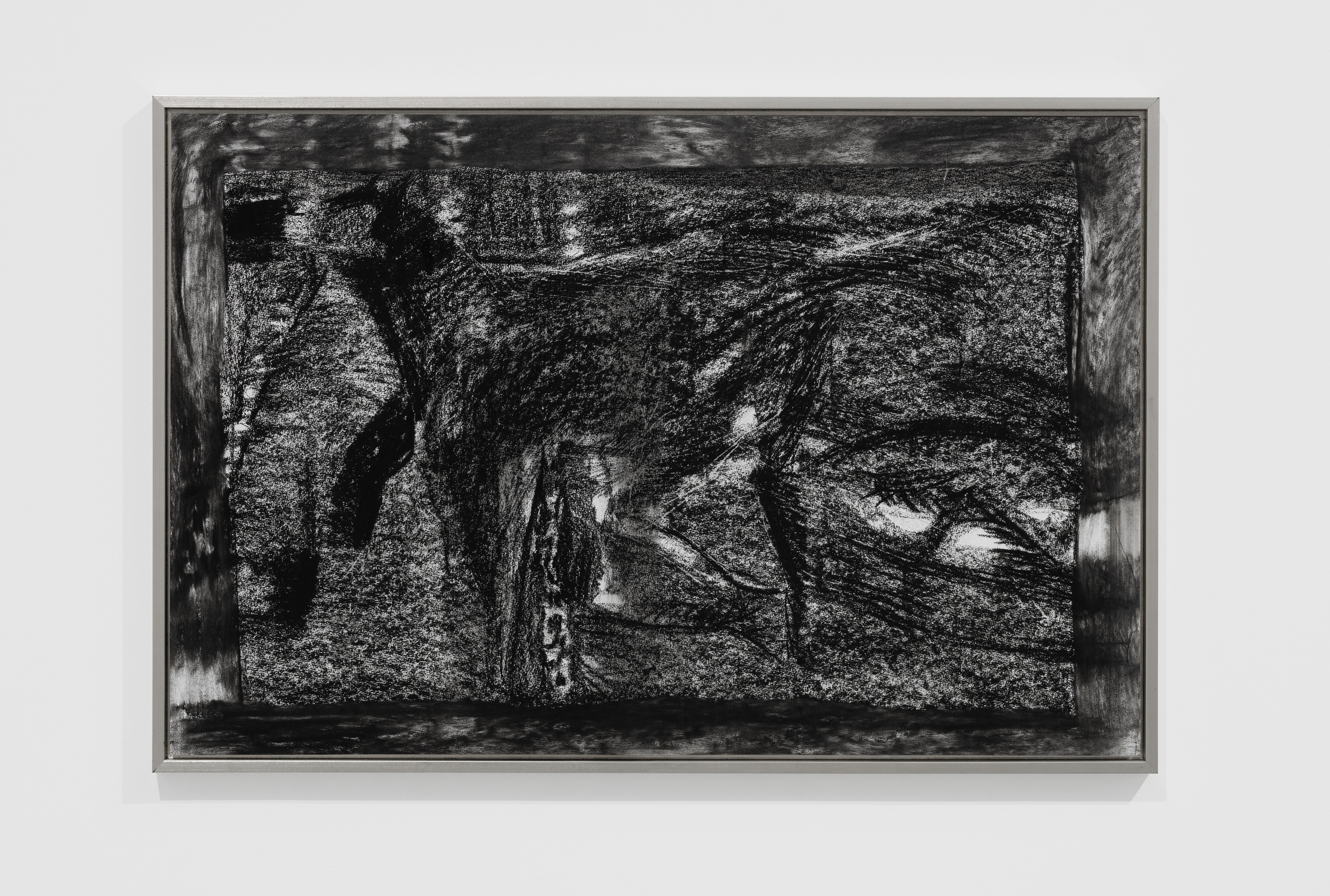 Black and
white drawing of a horse dog
with front leg fragmented 