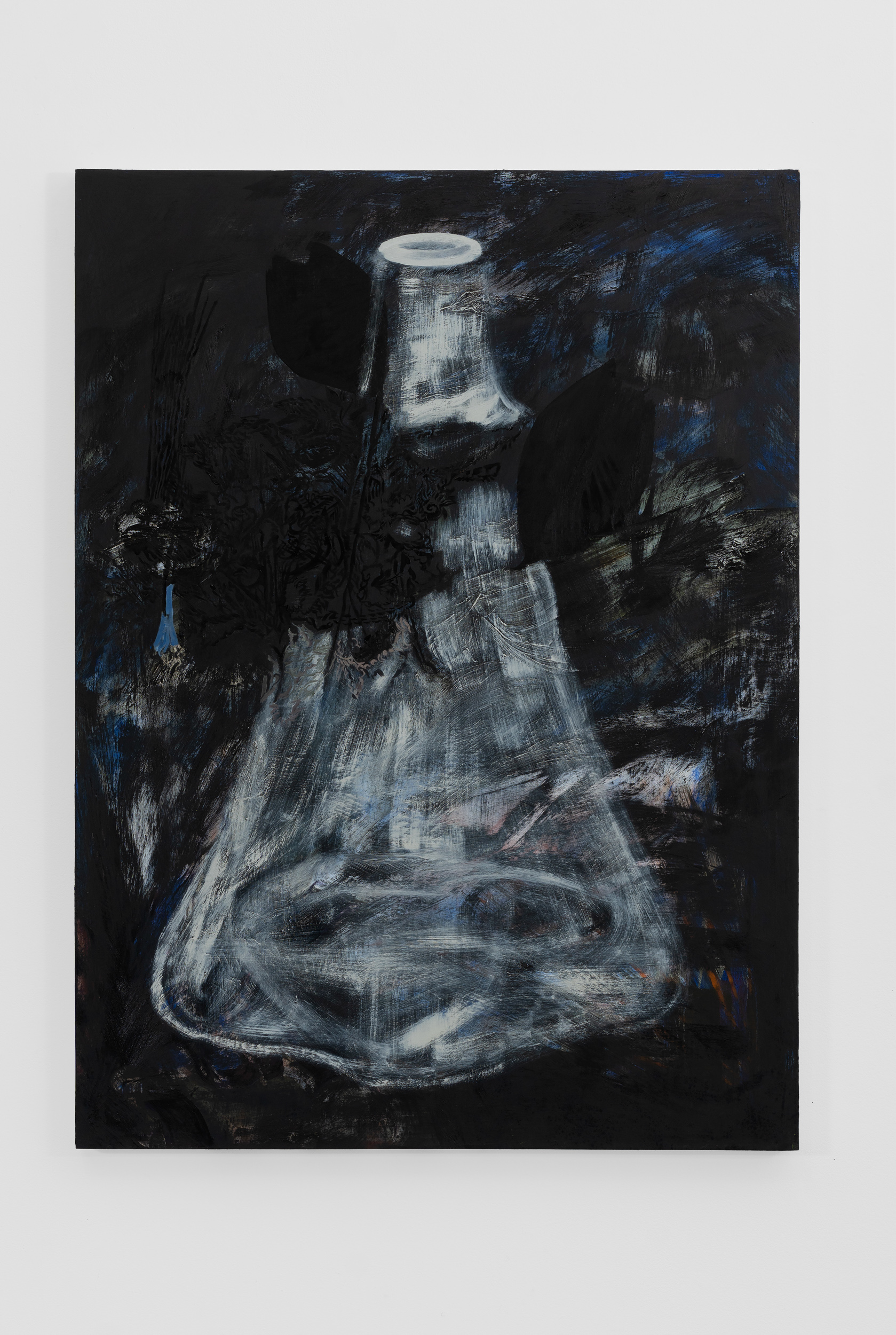 Black
and white painting of a beaker
broken near the top with a
pattern of flowers coming out
at the top left