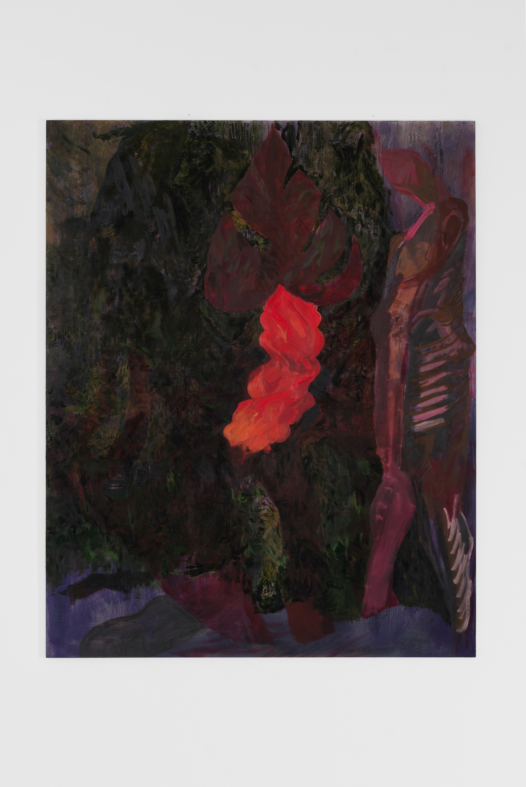 Green and red painting of
a camouflaged figure in a dark
landscape with an upside
down monstera leaf hovering
over a single flame of light in
the center