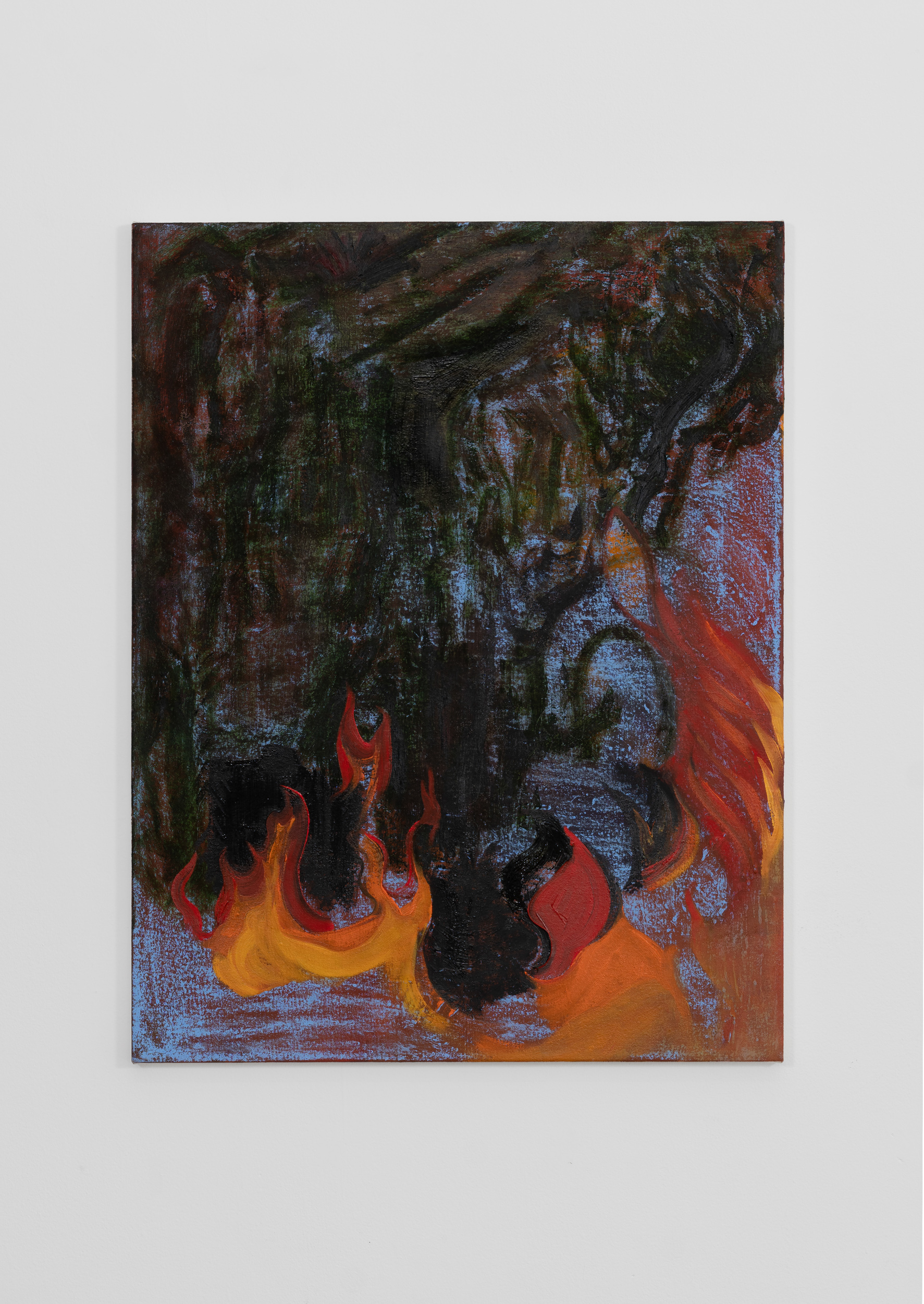Multicolored landscape
painting with fire on the
bottom edge of the painting
