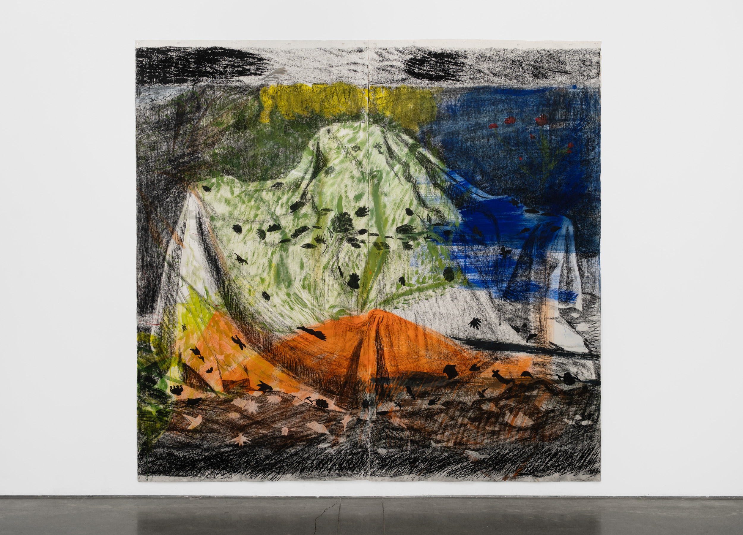 Drawing of
veiled table with scattered
collection of small votive
objects that include a sailboat,
crosses, leaves, storm clouds,
lips, stars, legs, weed leaf,
broken bottle, flowers and a
horse