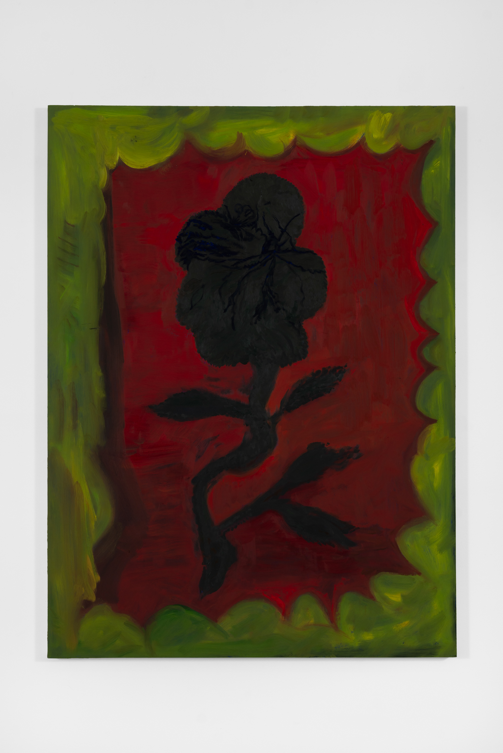 Yellow, red and black painting
of a large flower with a
painted frame