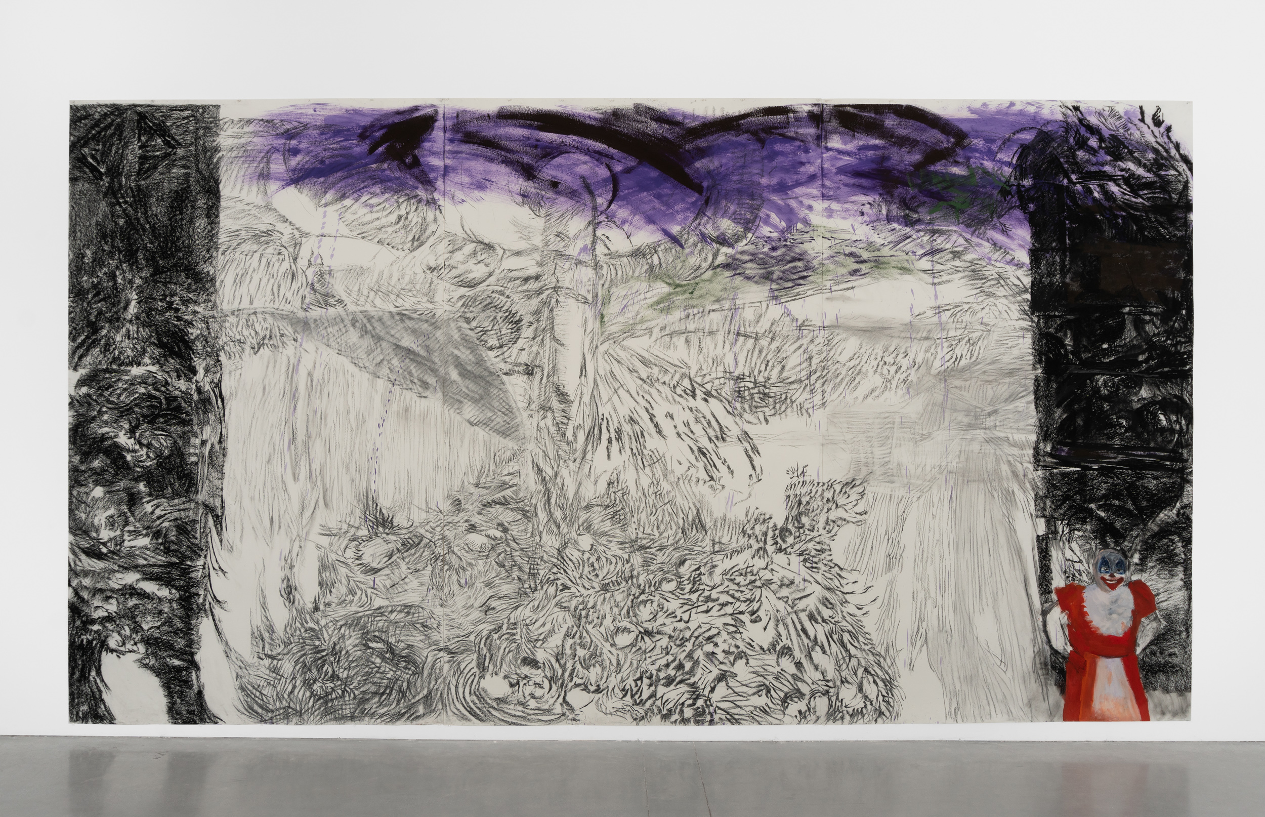 Large
drawing of a landscape using
grey charcoal with a tree rising
at center and a purple moon
moving from left to right at
the top, columns of black at
far left and right, with the
figure of a child in a red dress
standing smiling in the lower
right corner