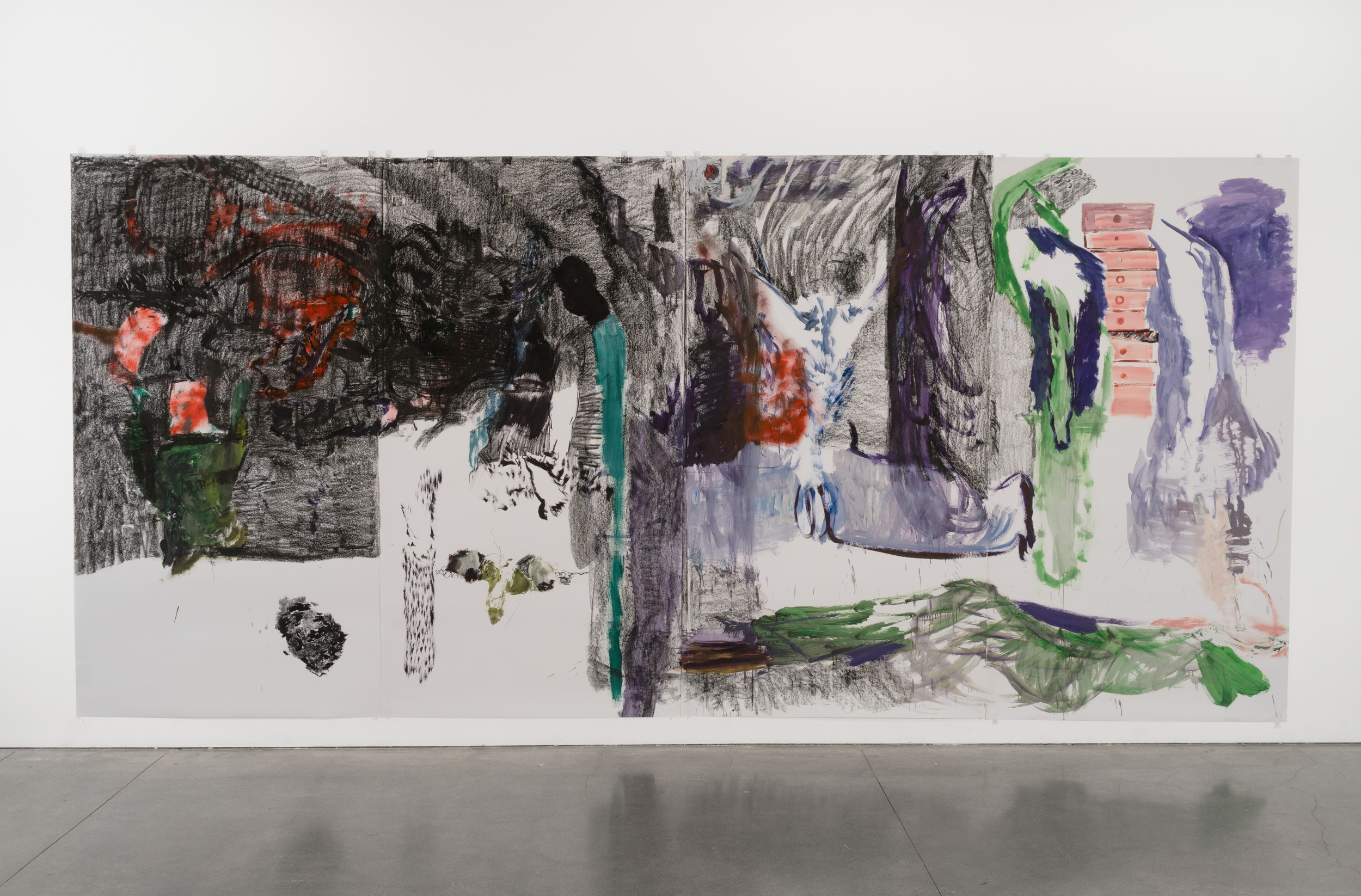 Large
drawing depicting many
figures in different states of
violent embodiment in a
domestic space at right
showing a dresser of pink
drawers and in a dark
landscape at left 