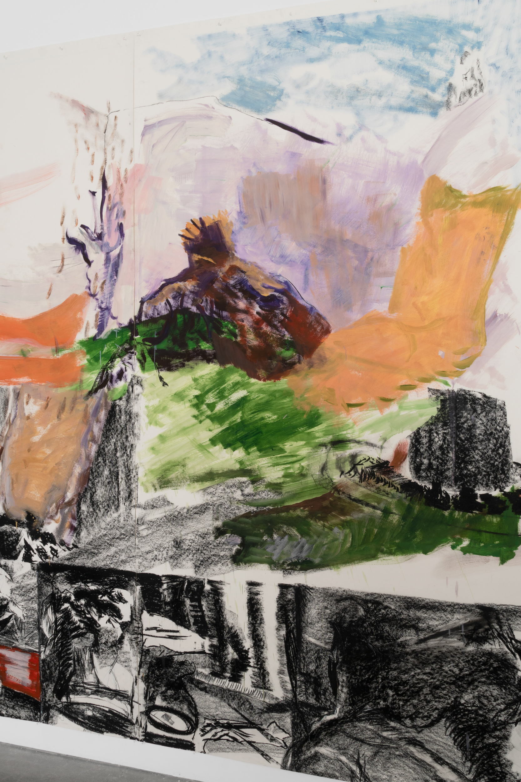 Large drawing of a
fragmented landscape with
fragments of figures that
include a horse, a child, a
hand, a thigh, a dog, a face, a
cow, and a tree stump