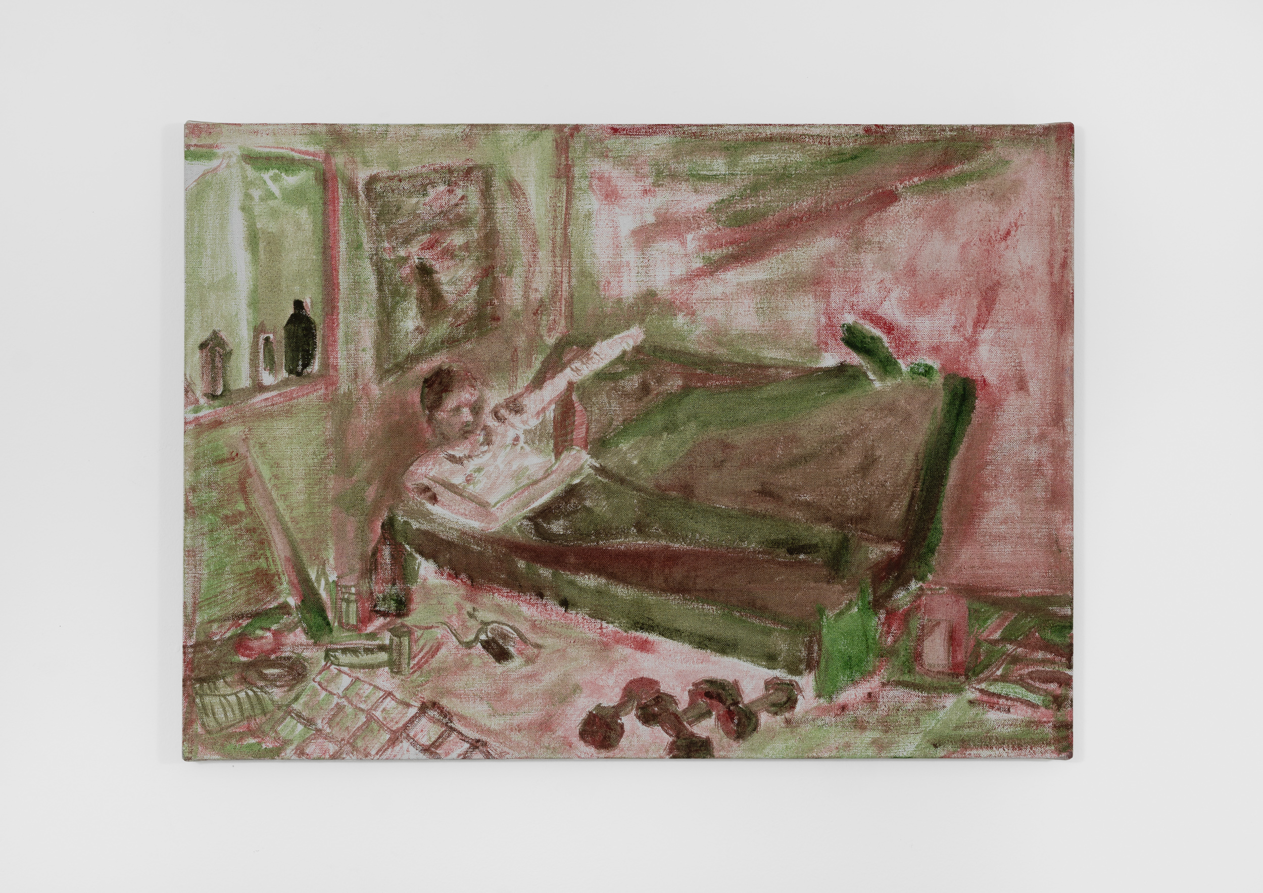 Sketchy white, red, and green
painting of man reclining and 
drinking in the corner of a
room