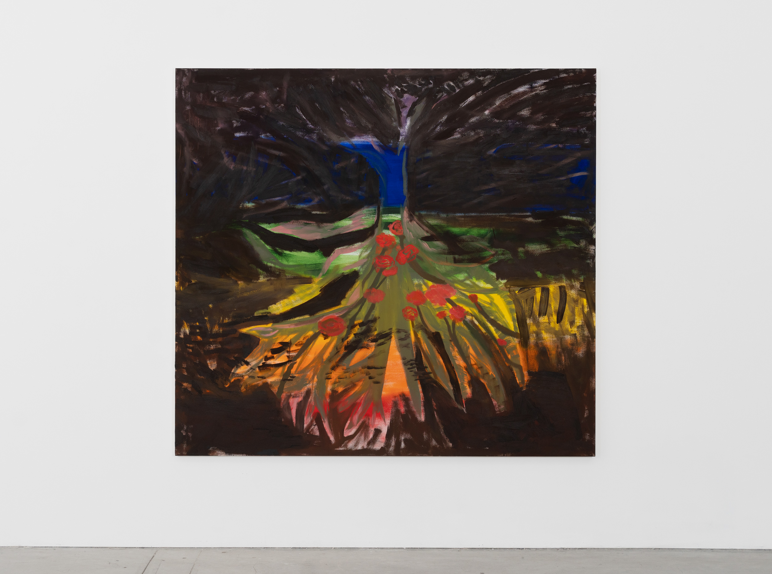 Multicolored painting of a tree
at center in rainbow colors
with two larger trees at left
and right. Pink and red roses
on long stems in the middle of
the center tree