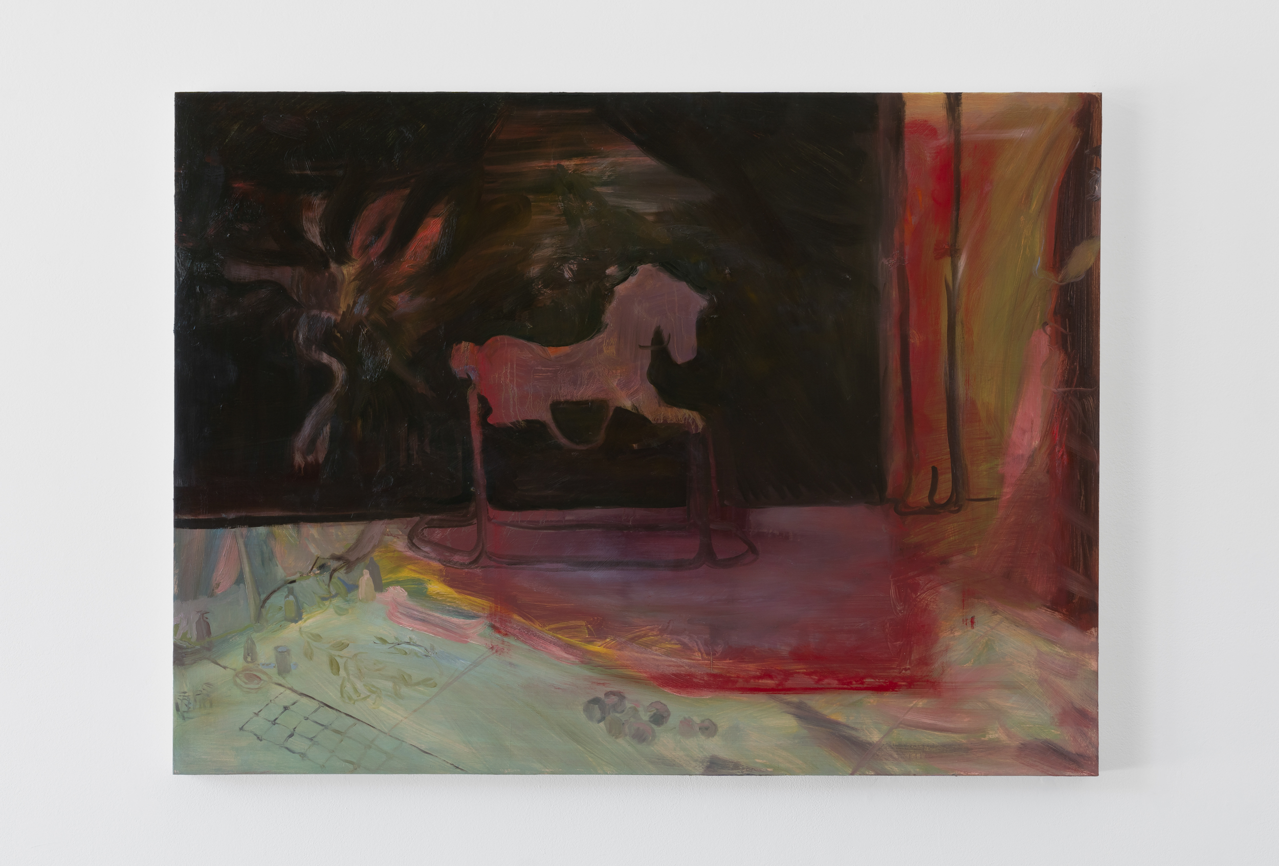 Multicolor compositional
painting of a rocking horse in a
window hovering over a green
floor from an interior space