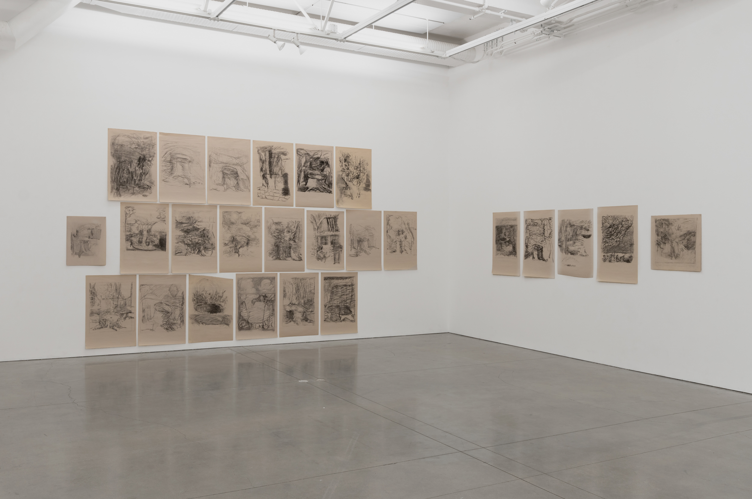 Stumped, a selection from a drawing series, charcoal on newsprint, 2018 An installation of a series of drawings, unfixed charcoal on newsprint paper
each 24x36 inches. There are 25 of 52 shown hanging on the wall in this
iteration. The drawings were done as short daily meditations recounting the
walk from my home to the studio. 